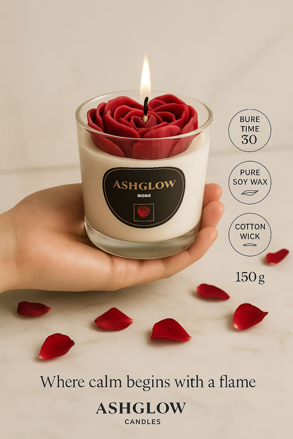 Rose Bloom Scented Candle by ASHGLOW – Handcrafted Floral Design & Natural Fragrance