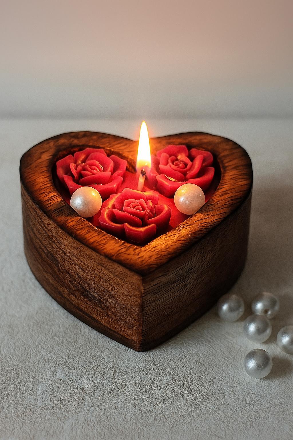 Mini Wooden Heart Candle with Roses & Pearls – Customizable Fragrance | Elegant Gift for Anniversary, Return Favors & Decor