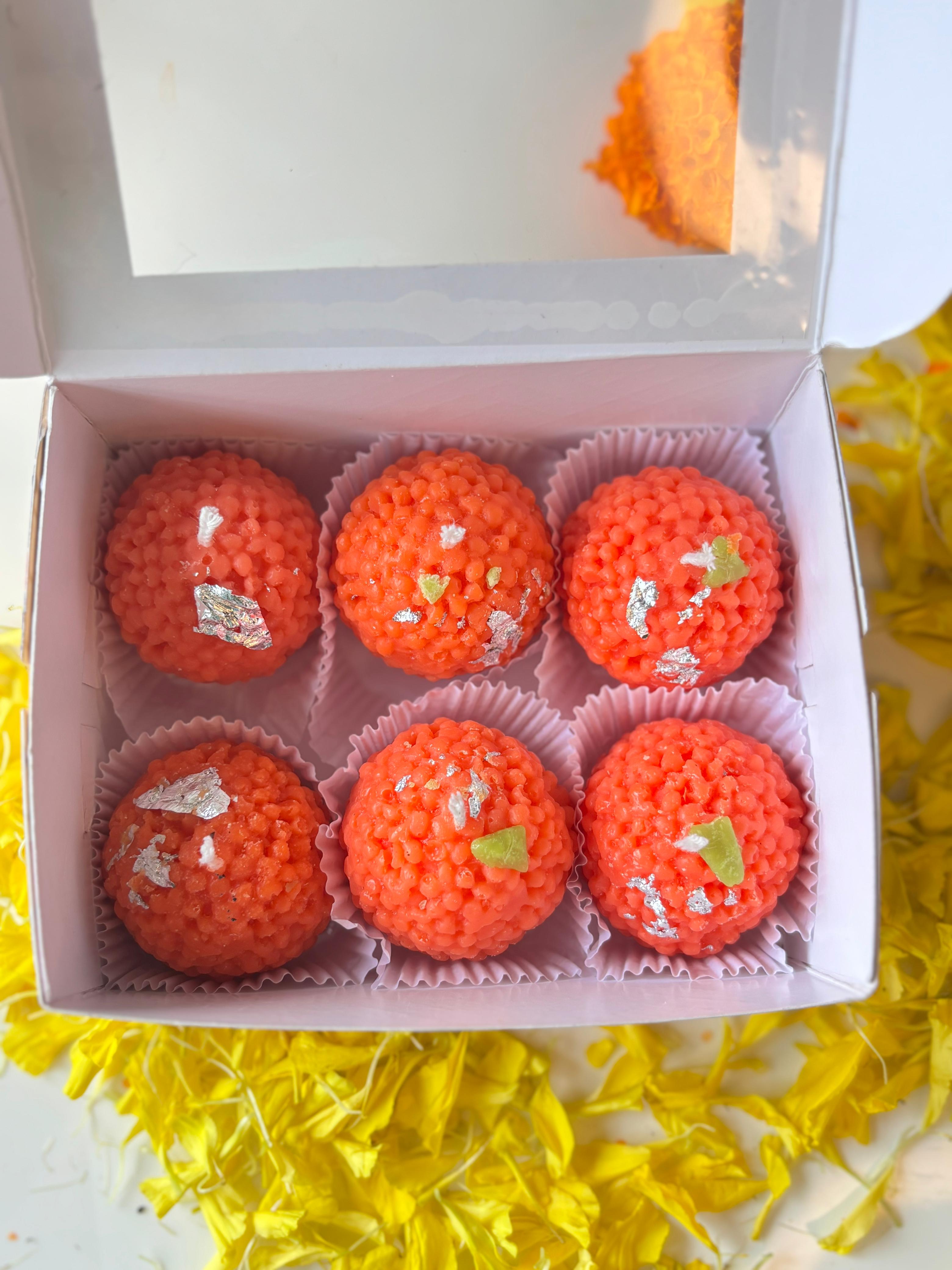 Ashglow Traditional motichoor  Ladoo Candles  in Saffron & cardamom fragrance for Festive Gifting, Home Decor, Diwali Gift Set 