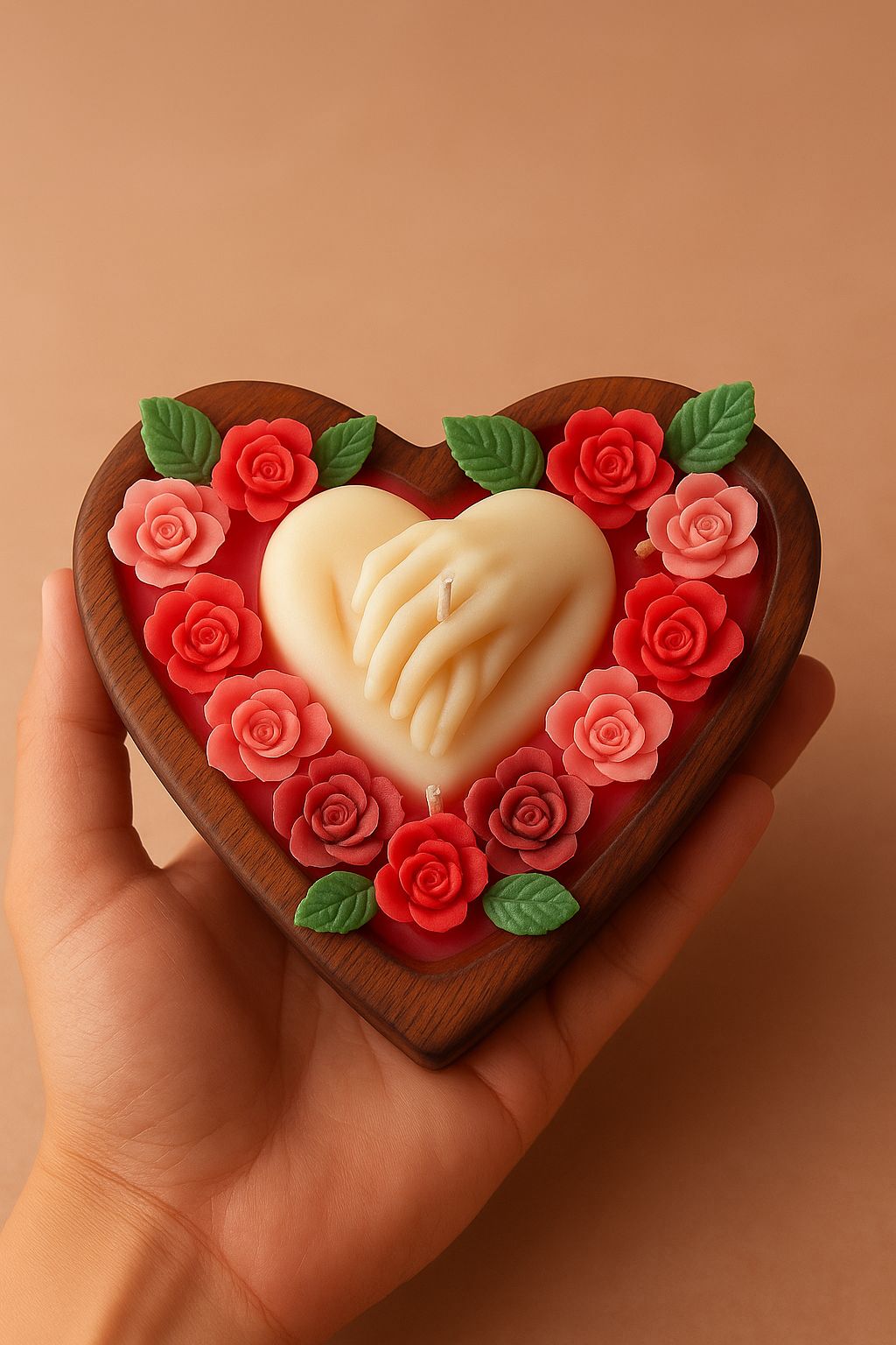 Ashglow Customizable Wooden Heart Candle – Handcrafted Floral Soy Wax with Hand-in-Hand Design | Gift for Valentine, Anniversary, or Proposal