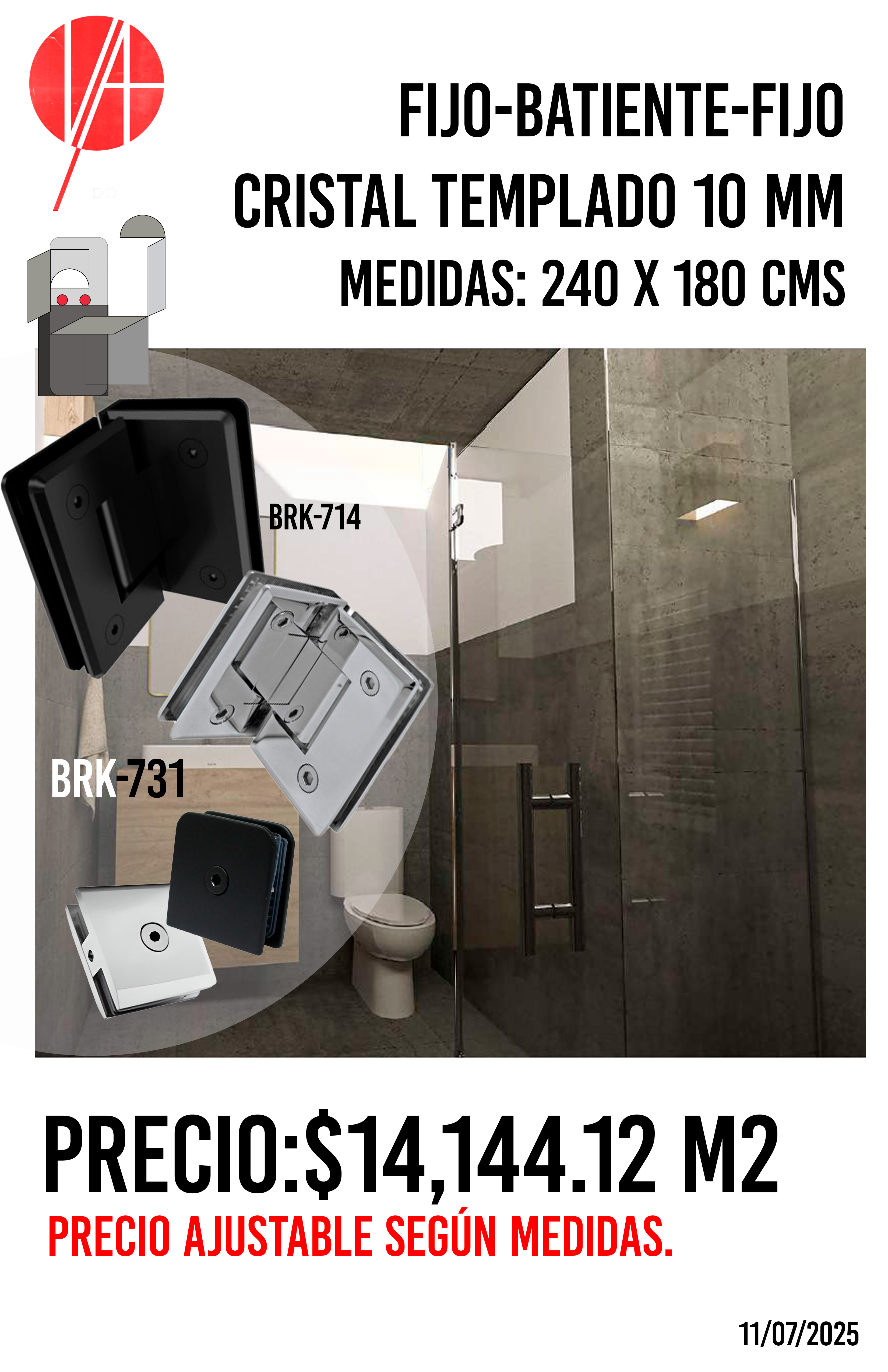 Fijo-batiente-fijo de cristal templado 10 mm