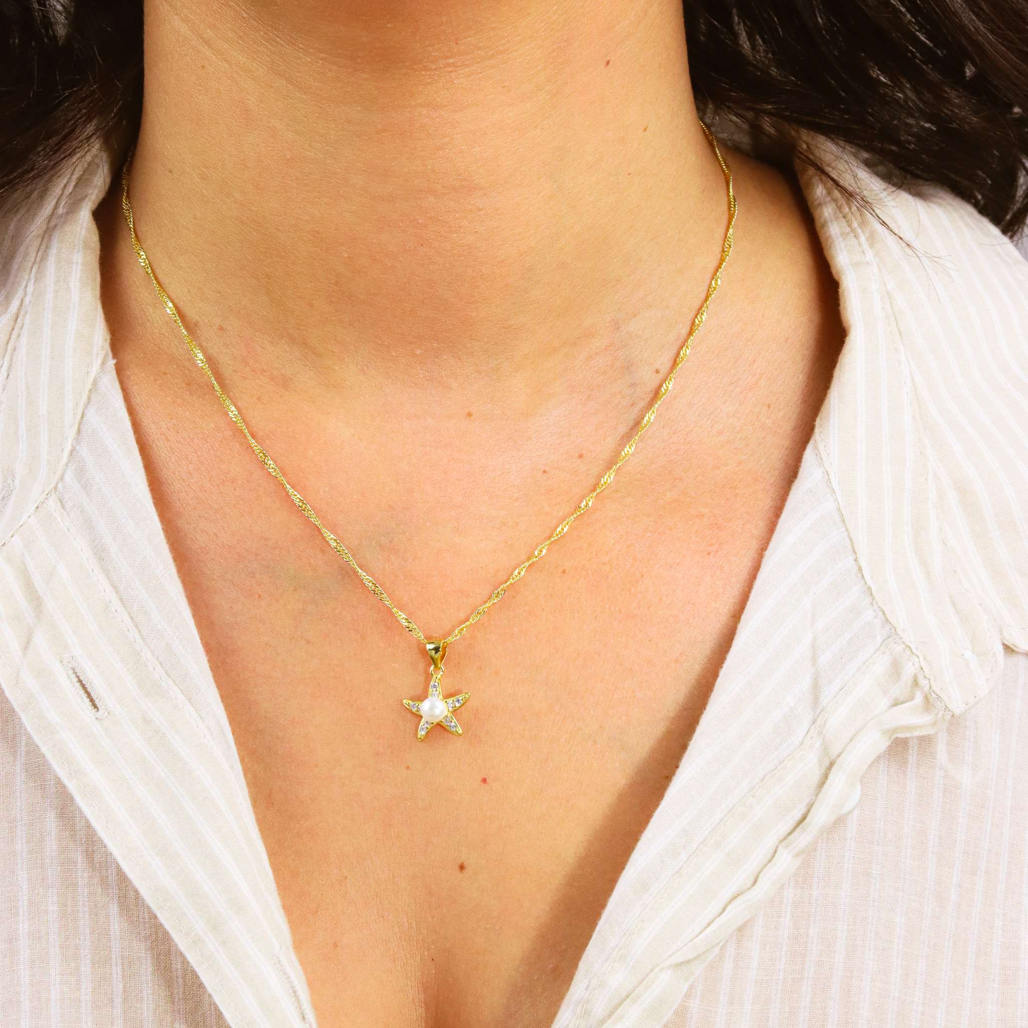 Conjunto Estrela em Prata 925 Banhada a Ouro – Colar e Brincos Delicados