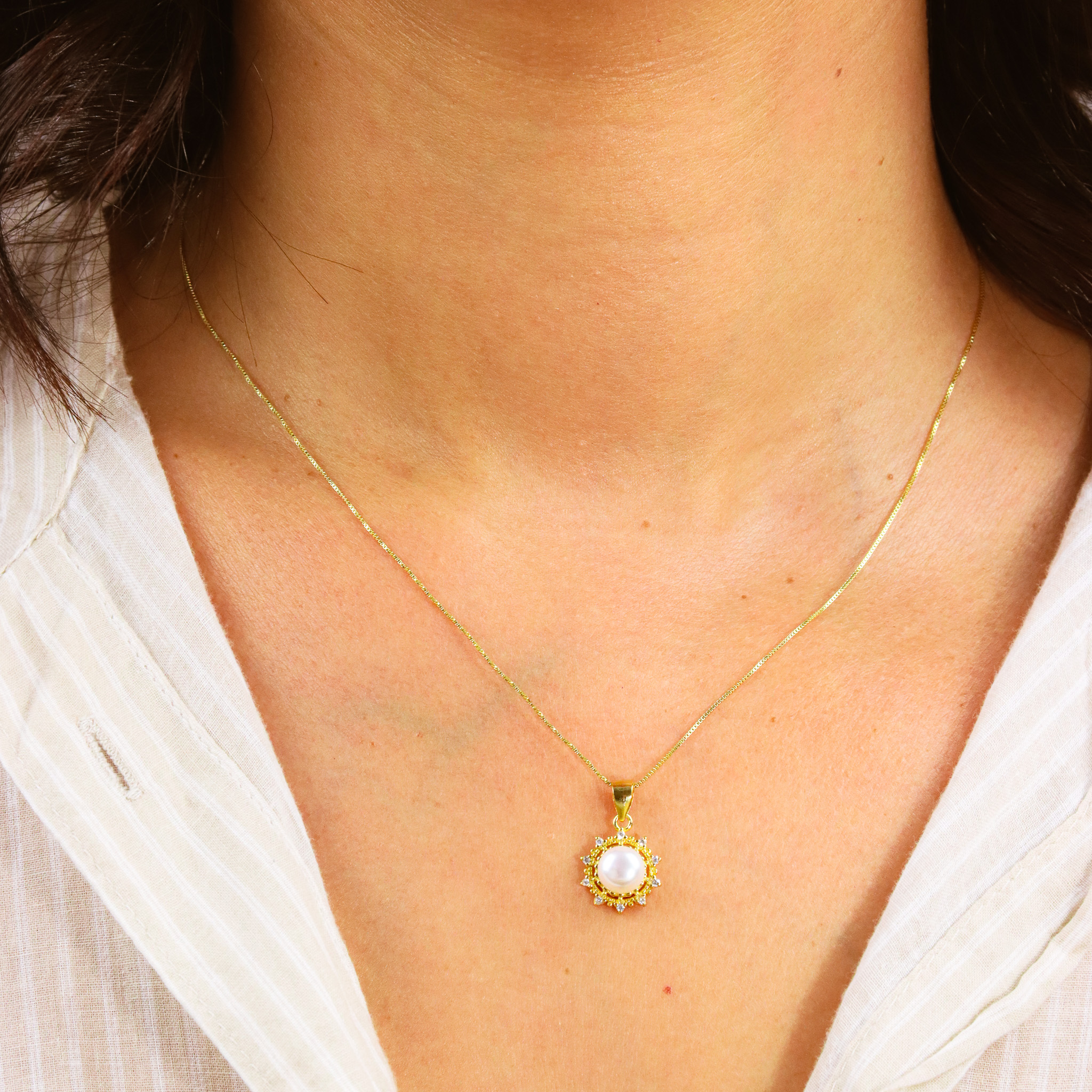 Colar Sol com Pérola – Prata 925 Banhada a Ouro 18k