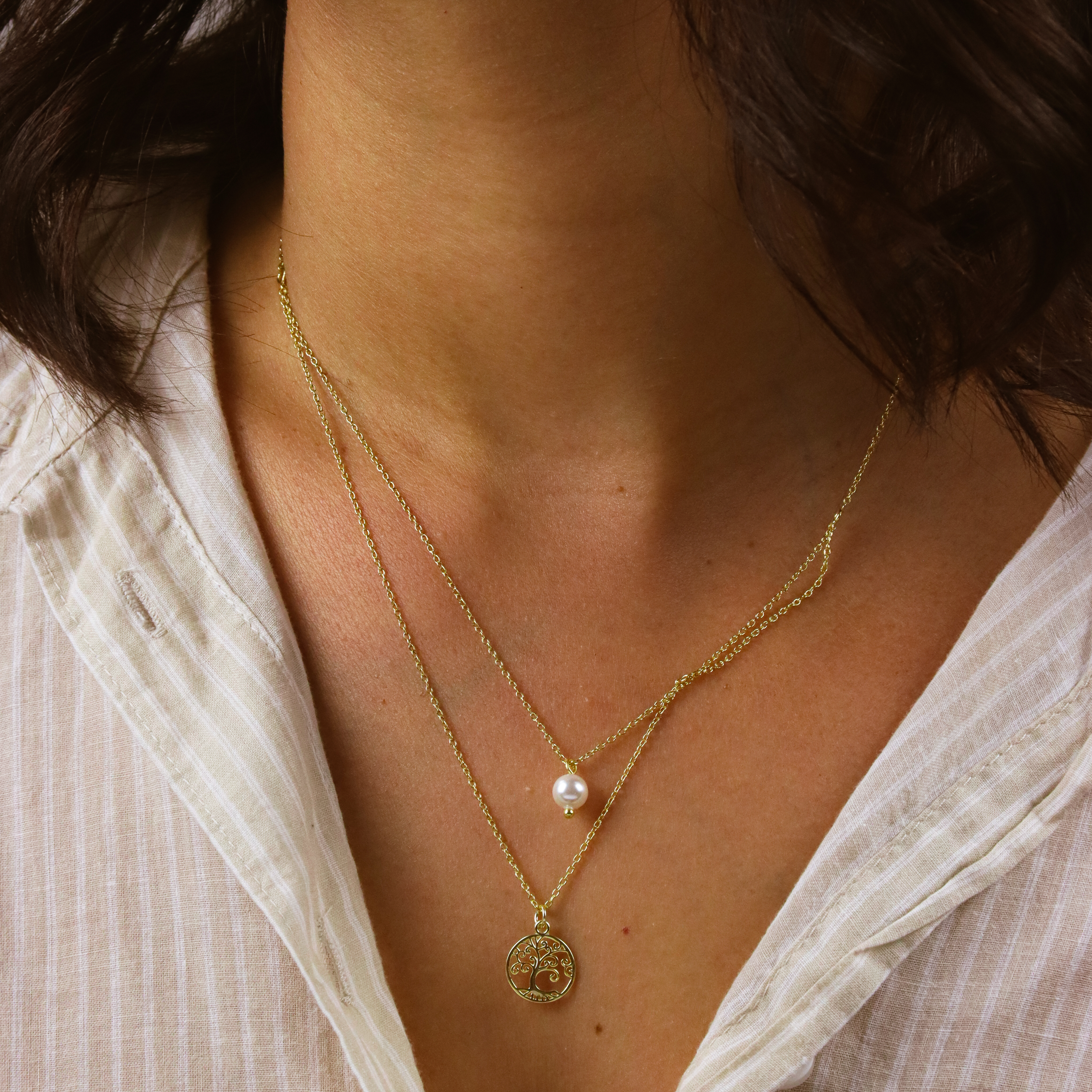 Colar Duplo Árvore da Vida com Pérola | Prata 925 Banhada a Ouro 18k