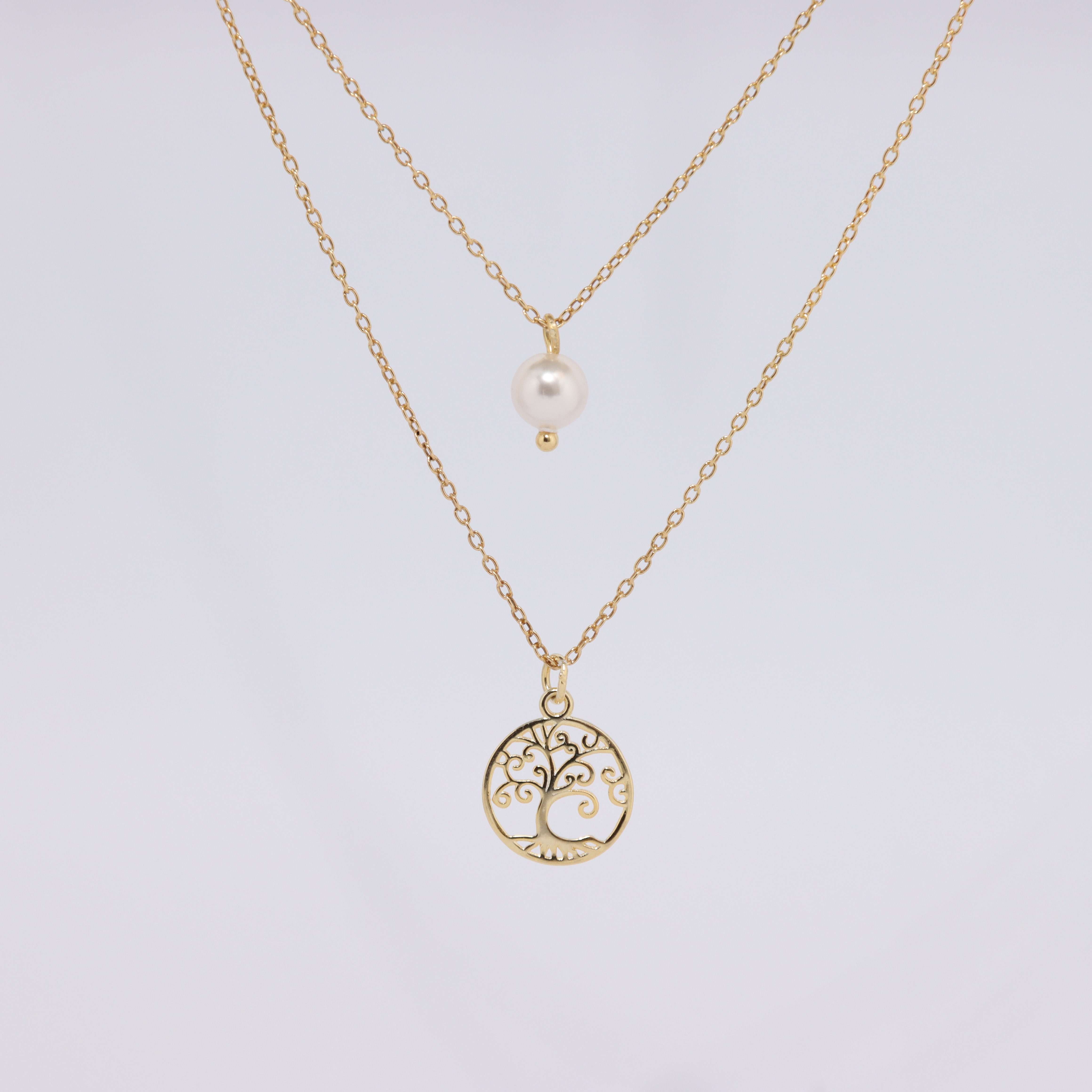 Colar Duplo Árvore da Vida com Pérola | Prata 925 Banhada a Ouro 18k