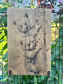 Wooden Plaque with Bear Cubs Engraving