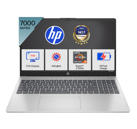 HP 15, AMD Ryzen 3 7320U (8GB LPDDR5, 512GB SSD) FHD, Anti-Glare, Micro-Edge, 15.6"/39.6cm, Win 11, Office 21, Silver, 1.59kg, fc0154AU, AMD Radeon Graphics, 1080p FHD Camera Laptop