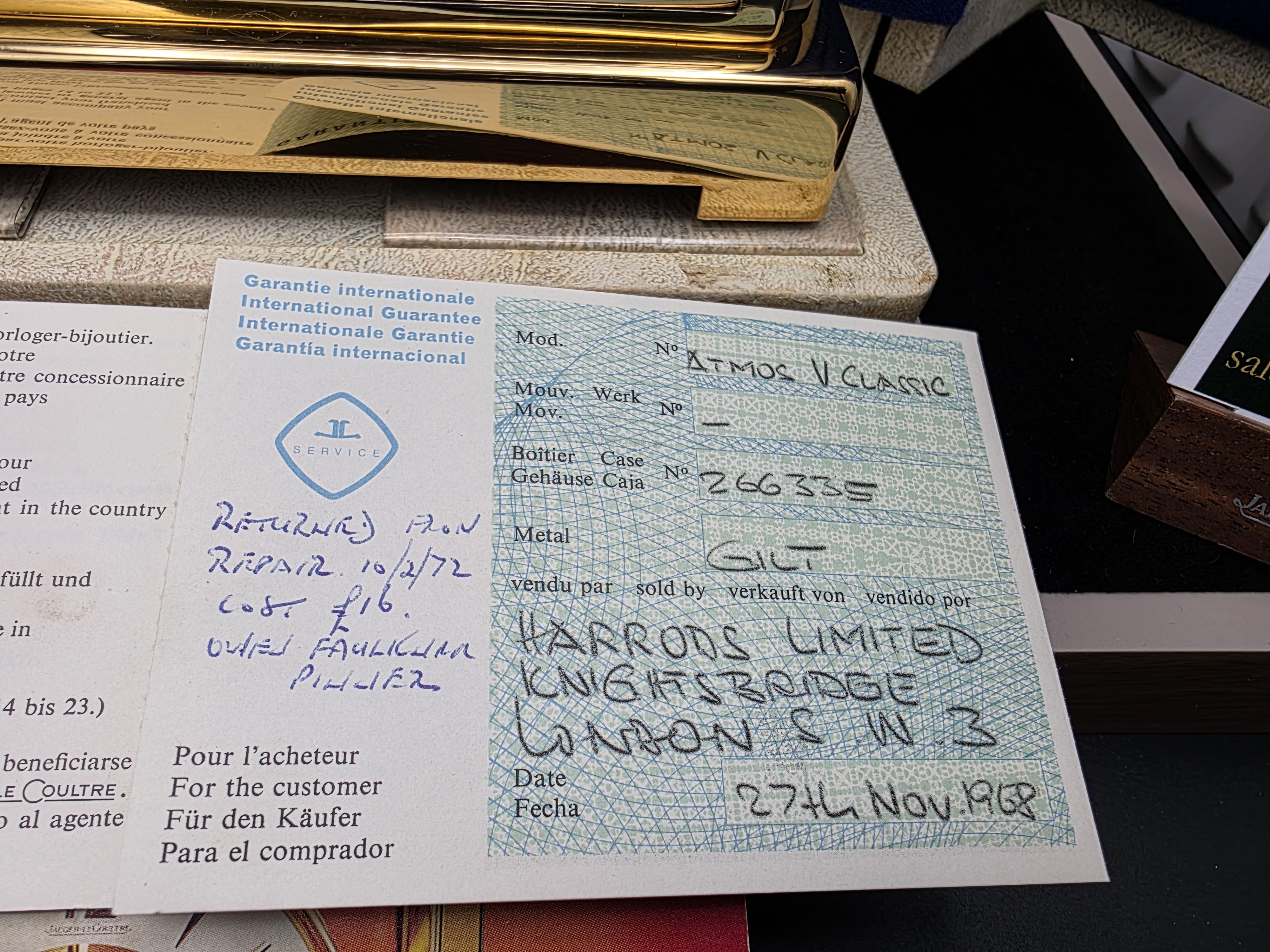 1968 "Baby" Atmos V 526-5 sn-266335 with Box and Papers - the "Harrods" Clock