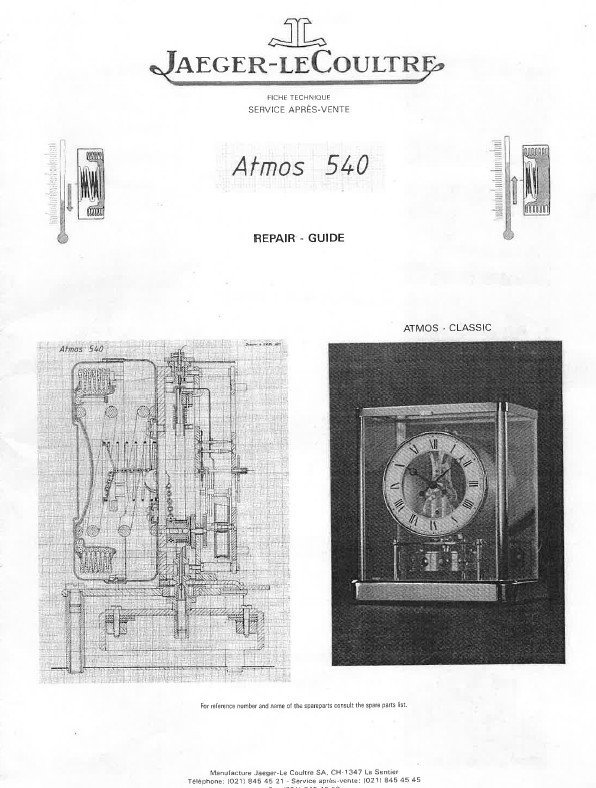 Official Jaeger LeCoultre Atmos Clock 540 Repair Notes and Parts List