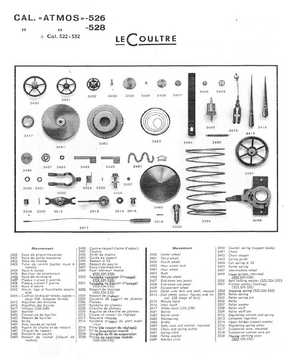 Official Jaeger LeCoultre Atmos Clock 528 Repair Notes and Parts List
