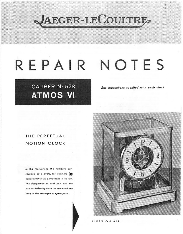Official Jaeger LeCoultre Atmos Clock 528 Repair Notes and Parts List