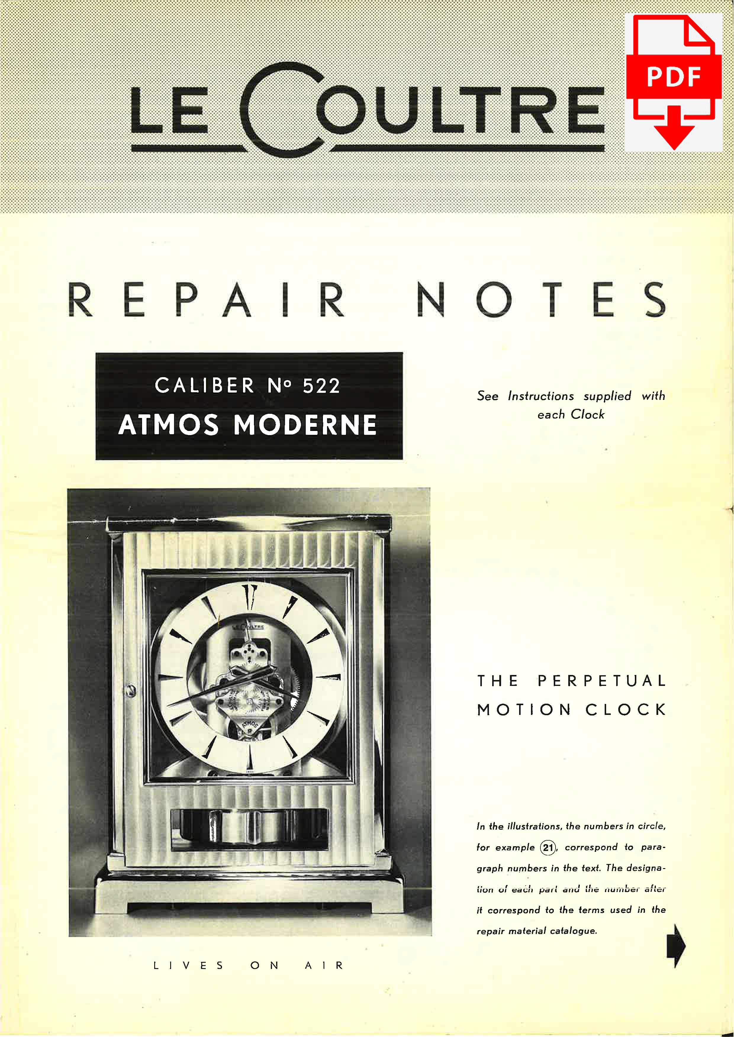 Official Jaeger LeCoultre Atmos Clock 522 Repair Notes and Parts List