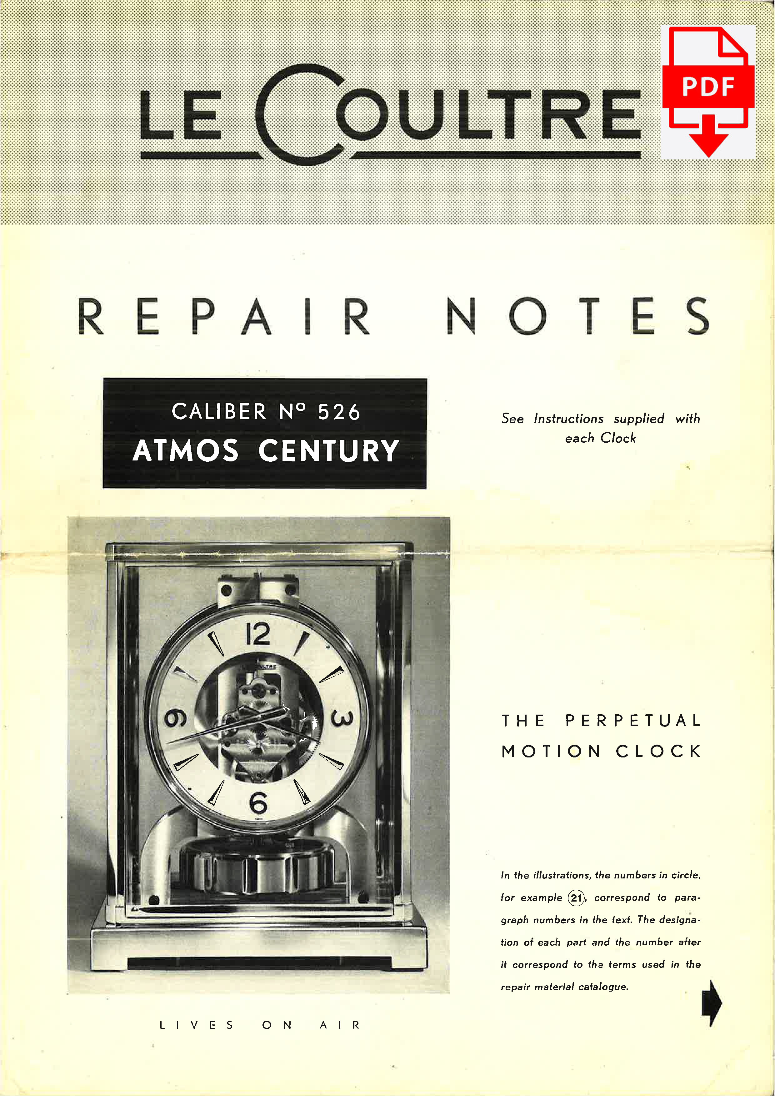 Official Jaeger LeCoultre Atmos Clock 526 Repair Notes and Parts List