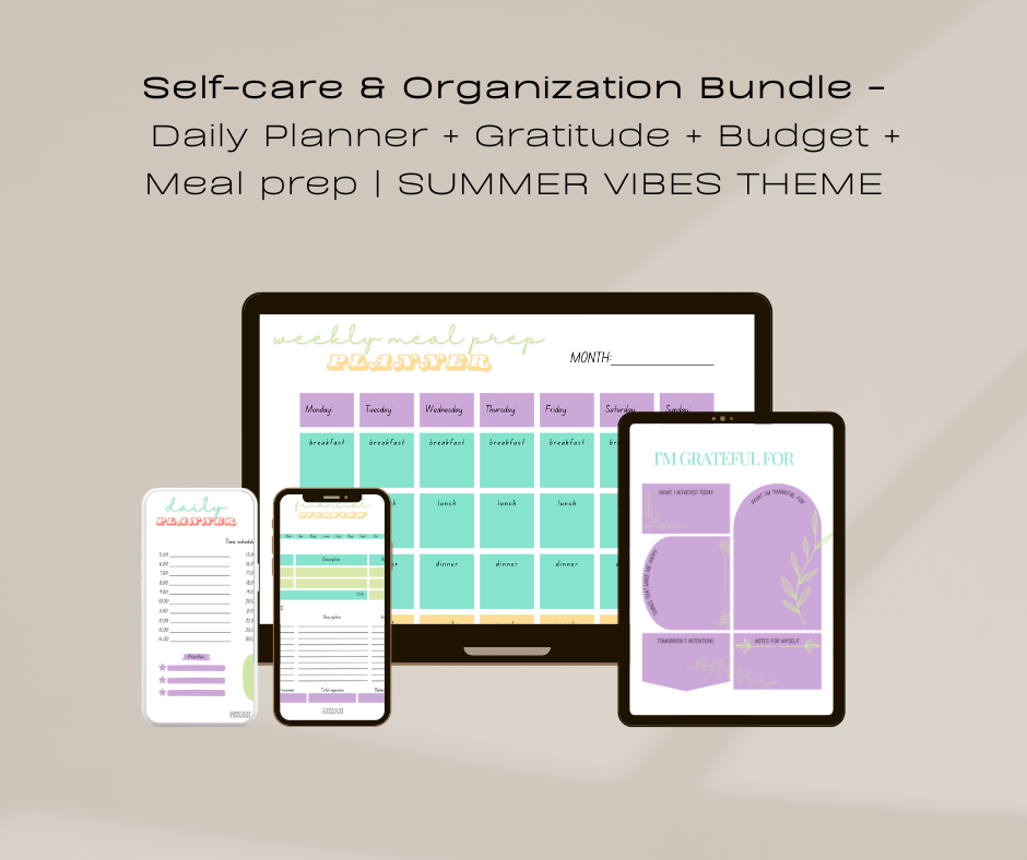 Self-care and Organization Bundle | Daily Planner + Gratitude + Budget + Meal prep