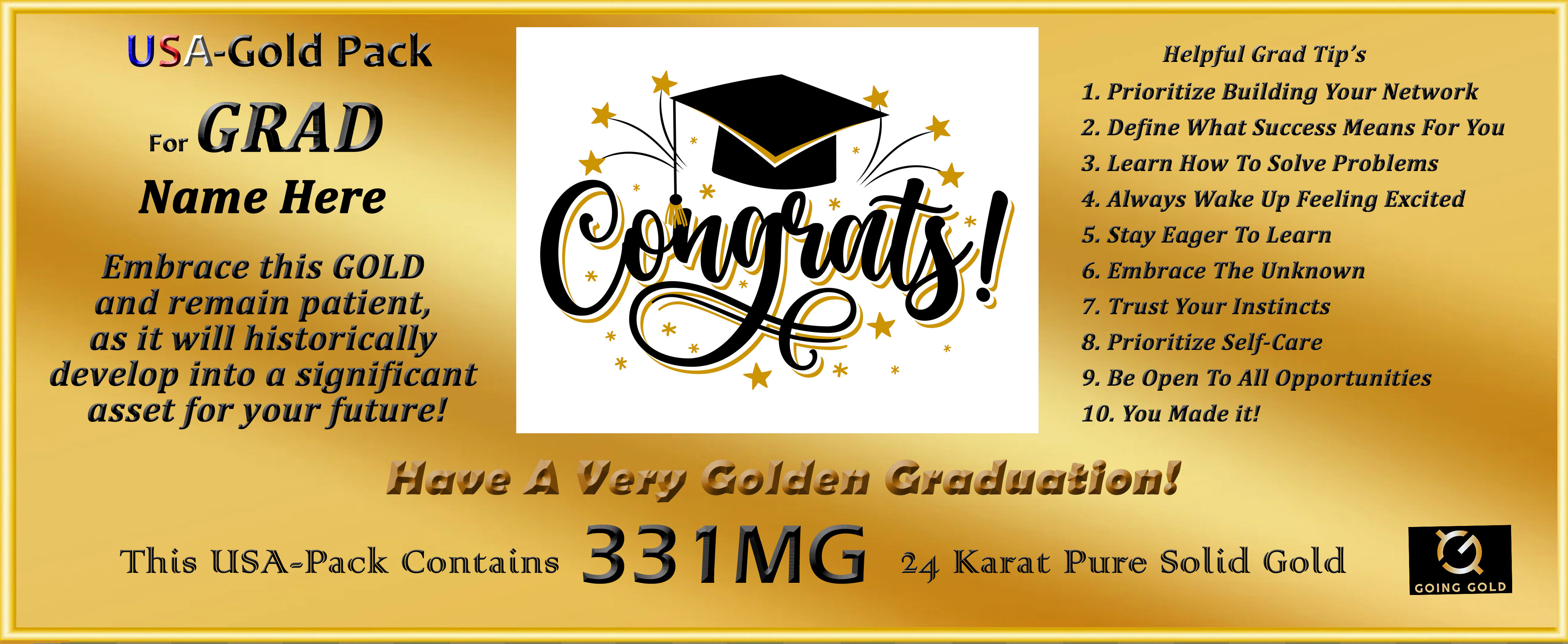 311 Mg 24K Pure Gold Bar USA-Gold Pack for Graduation Customized with Grads Name and Grad year
