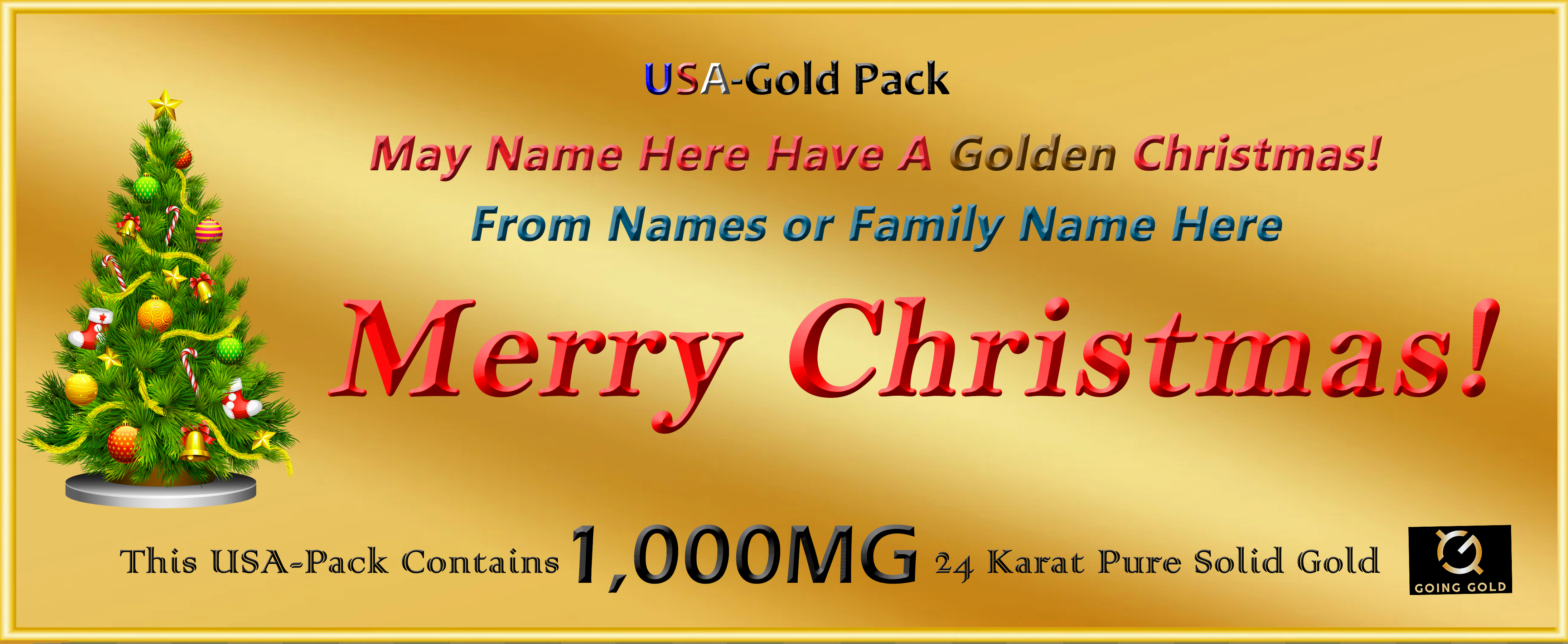 1,000 Mg 24K Pure Gold Bar USA-Gold Pack Christmas Gift