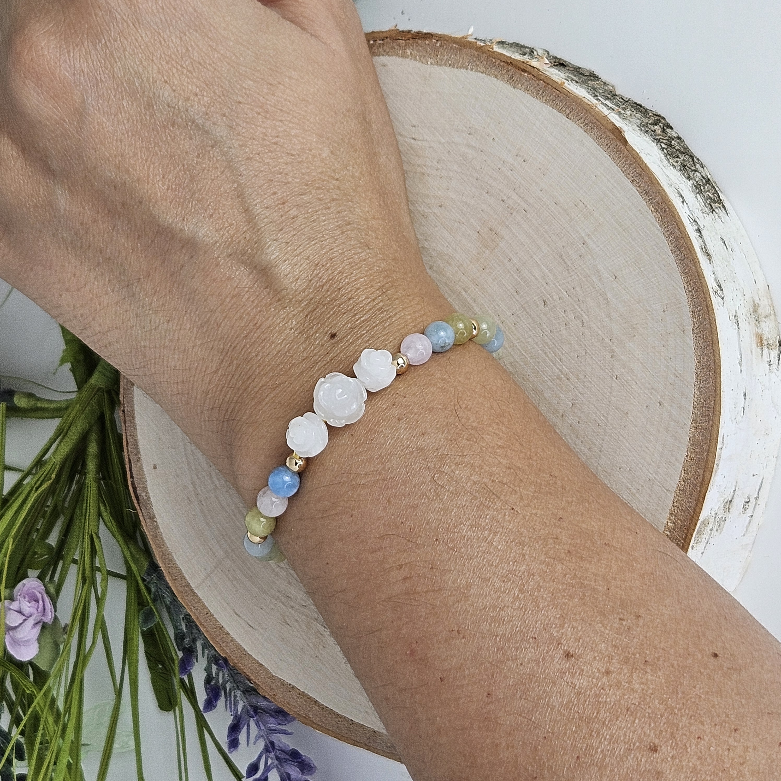 Small White Jade Rose Multi-Color Morganite Bracelet