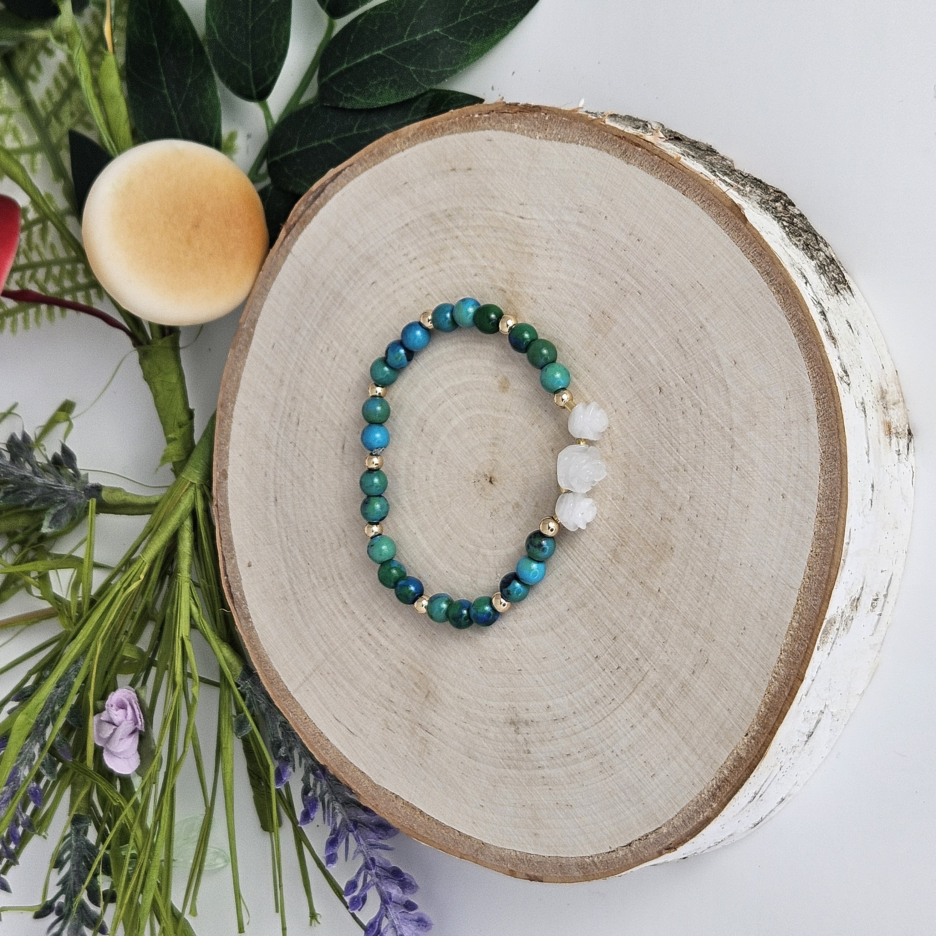 Small White Jade Rose Azurite Bracelet