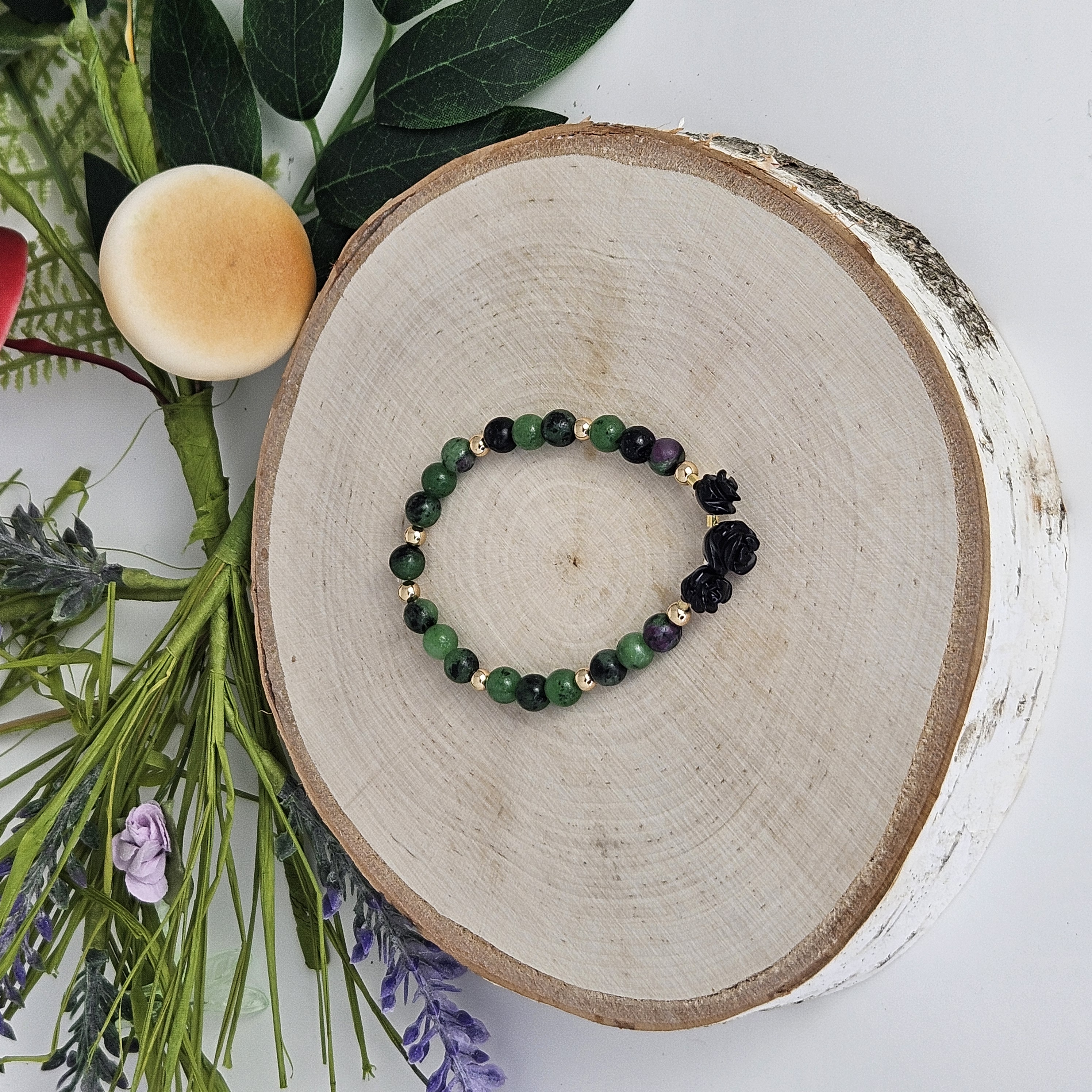Small Black Agate Rose Ruby Zoisite Bracelet