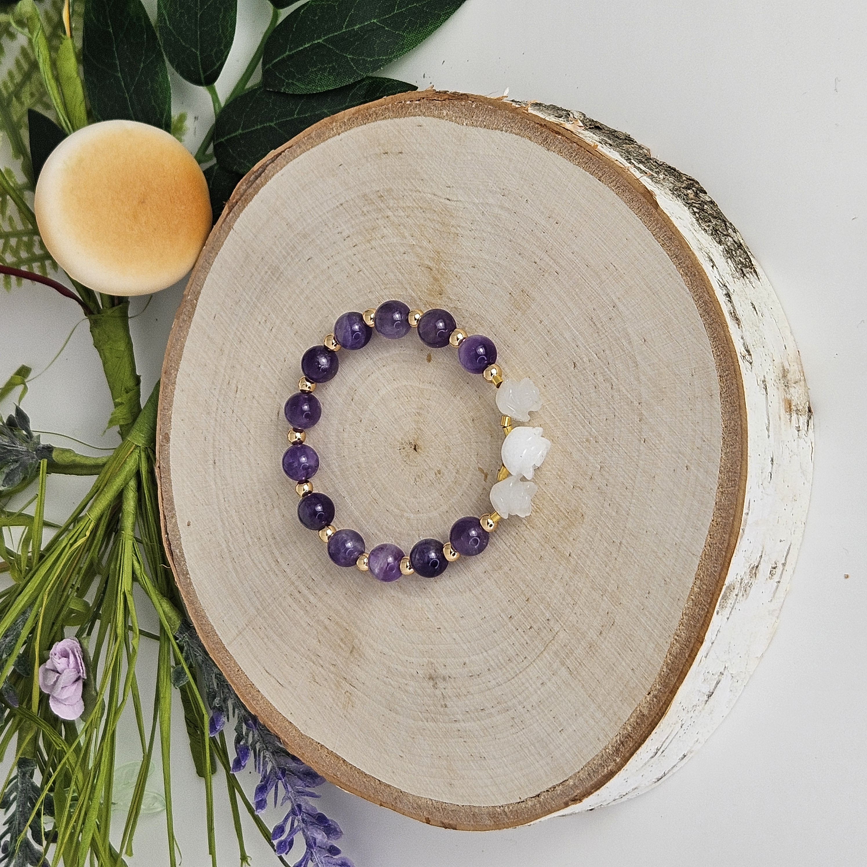Large White Jade Rose Amethyst Bracelet