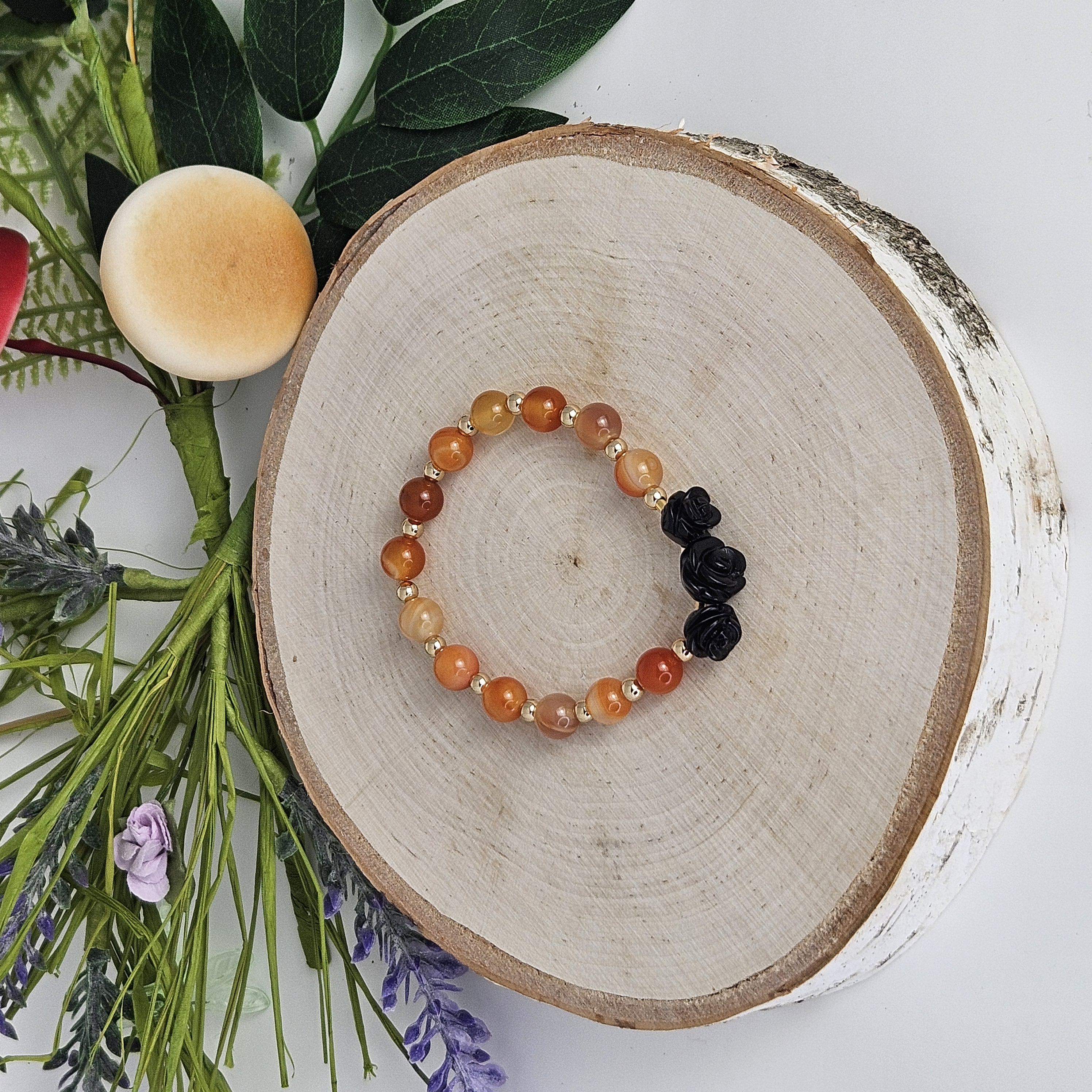 Large Black Agate Rose Carnelian Bracelet