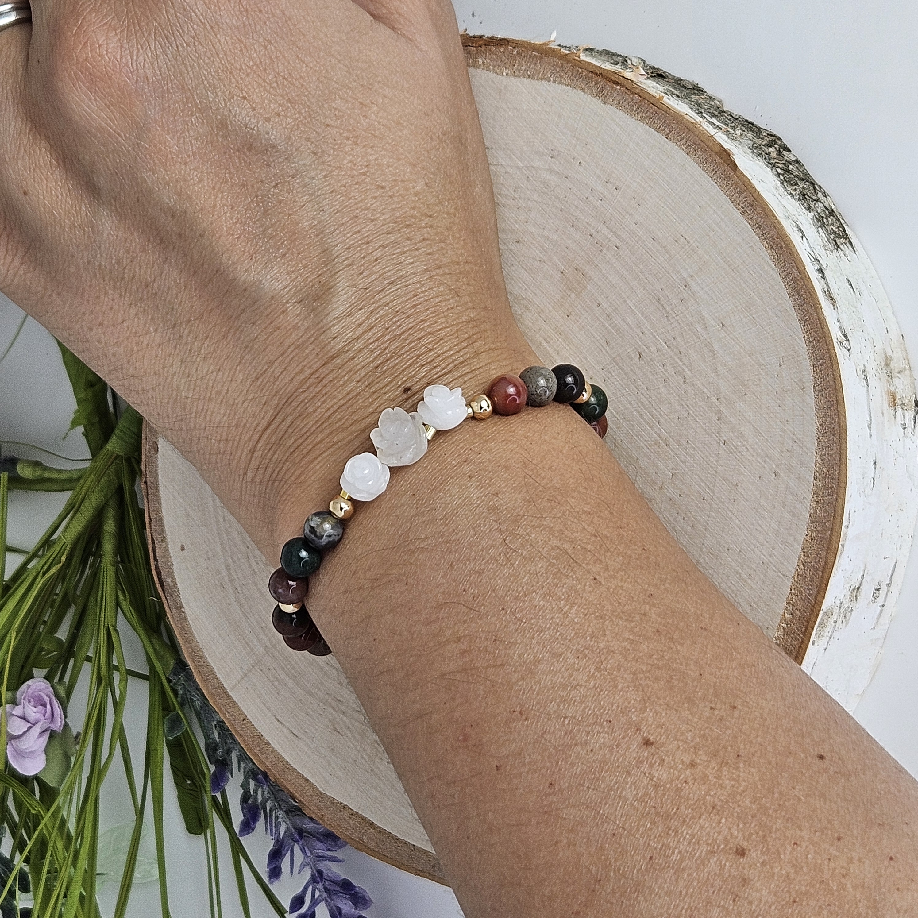 Small White Jade Rose Ocean Jasper Bracelet