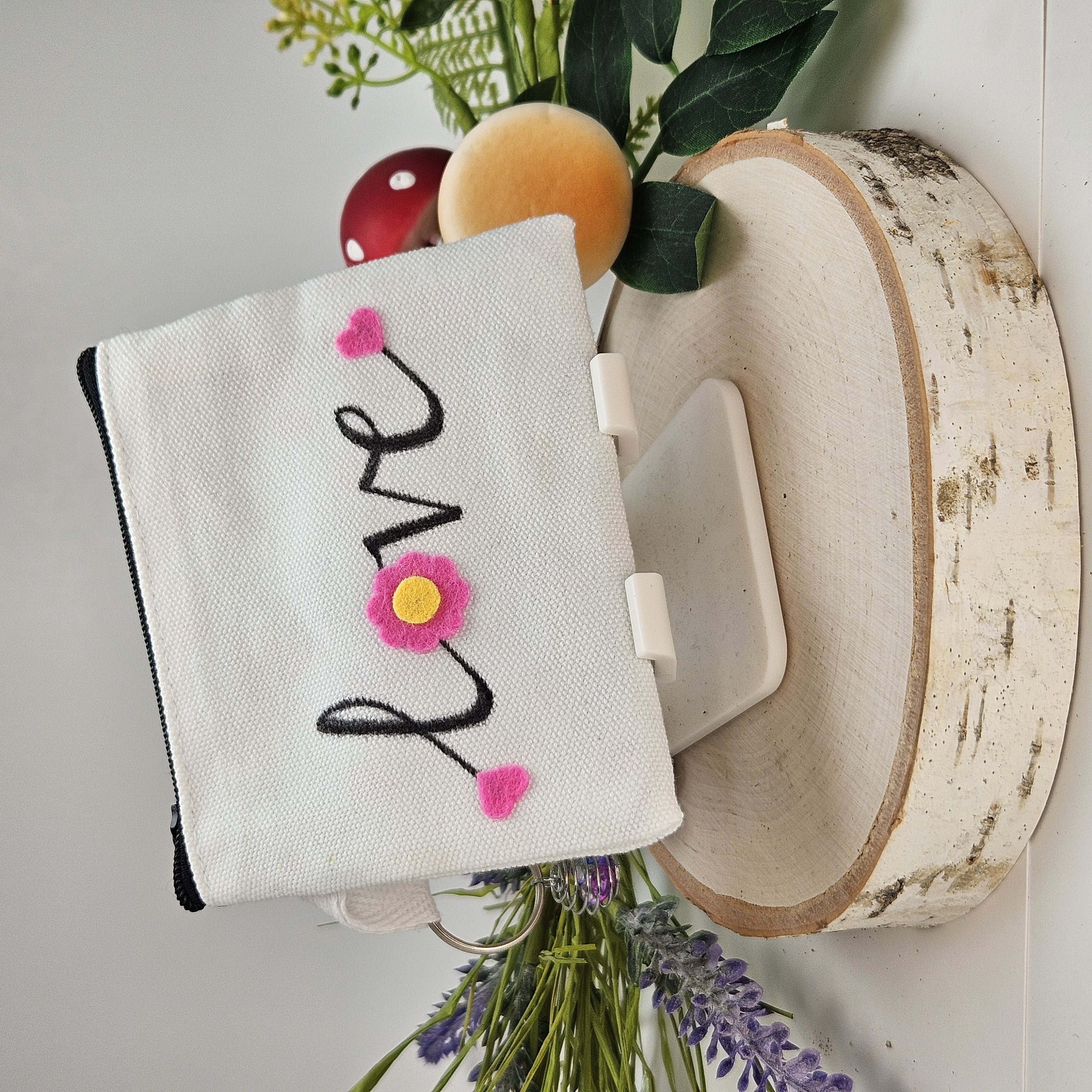 Handmade Canvas Zipper Bag – Love Design with Flowers & Bee