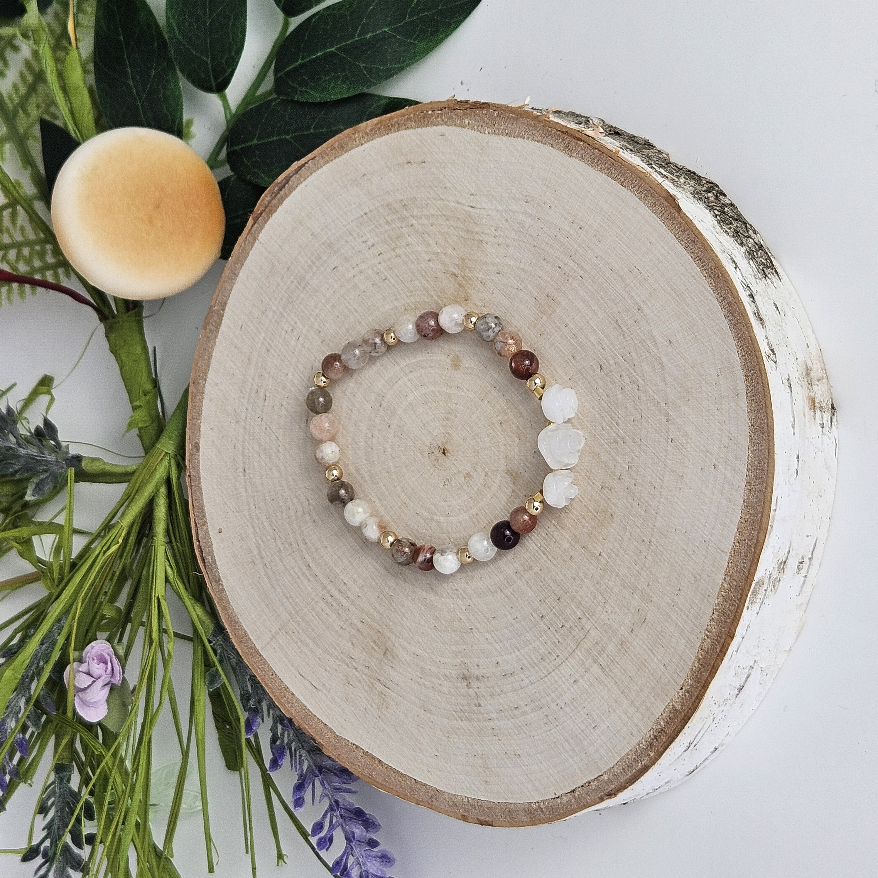 Small White Jade Rose Sunstone Bracelet