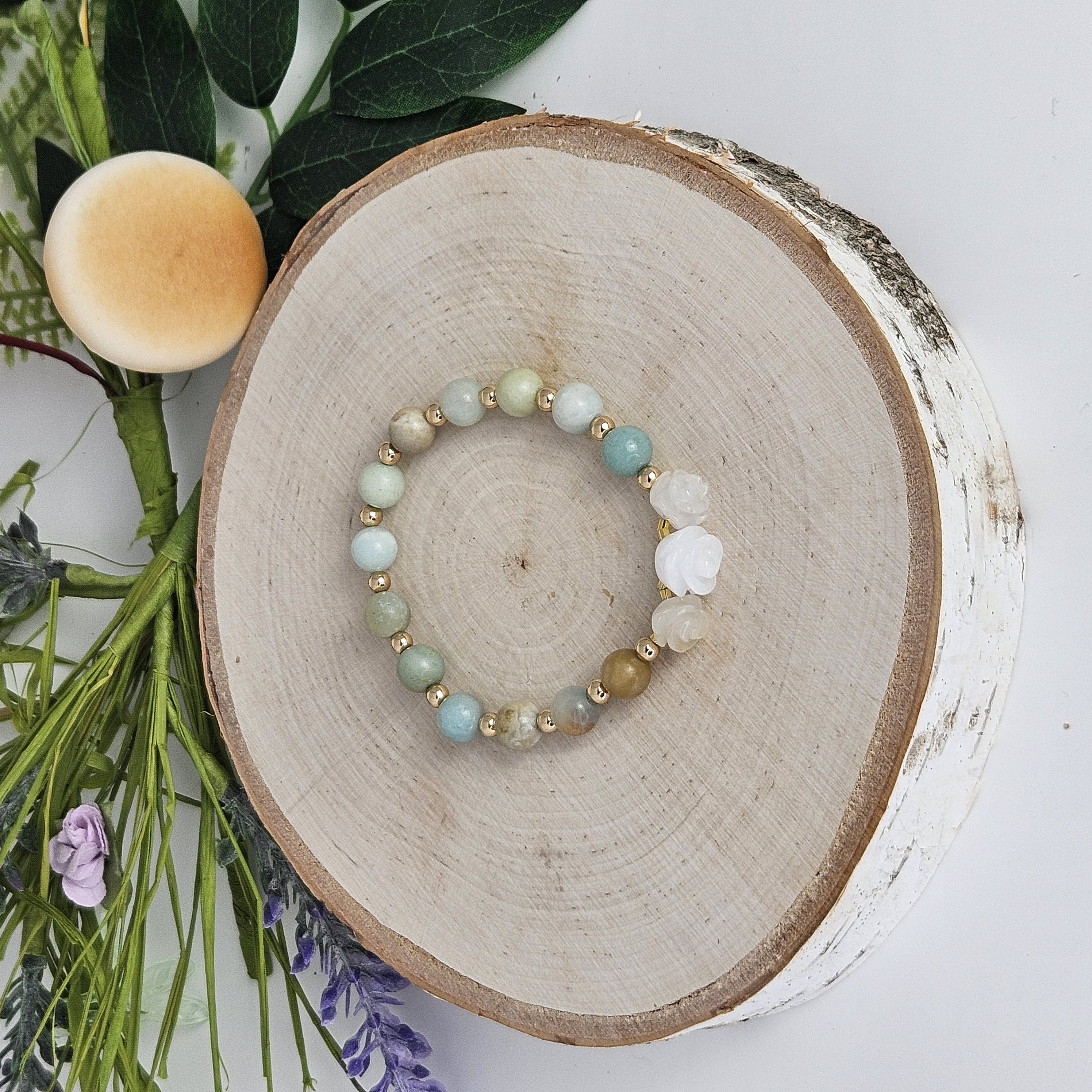 Large White Jade Rose Amazonite Bracelet
