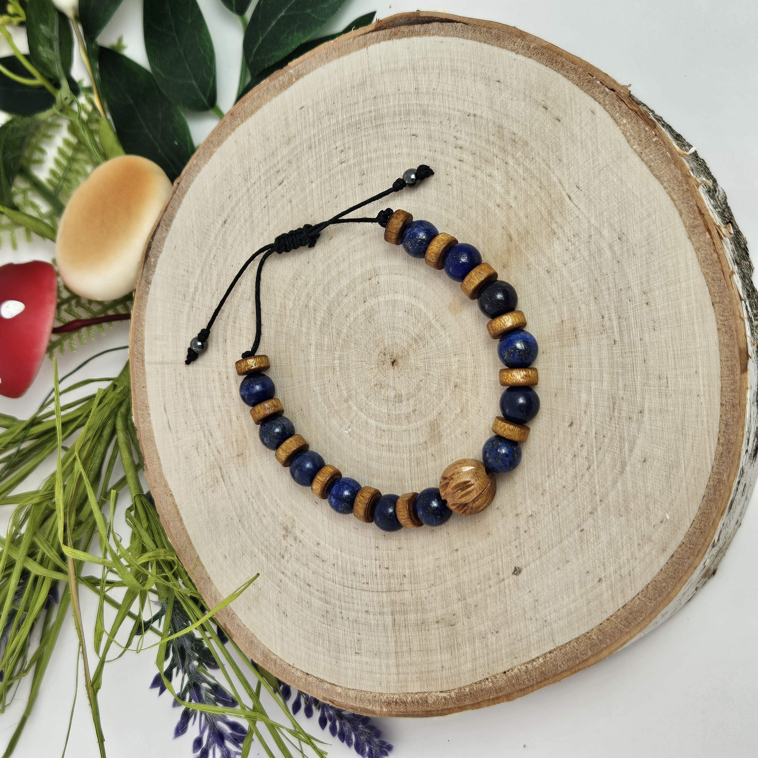 Carved Wooden Lotus and Sodalite Bracelet