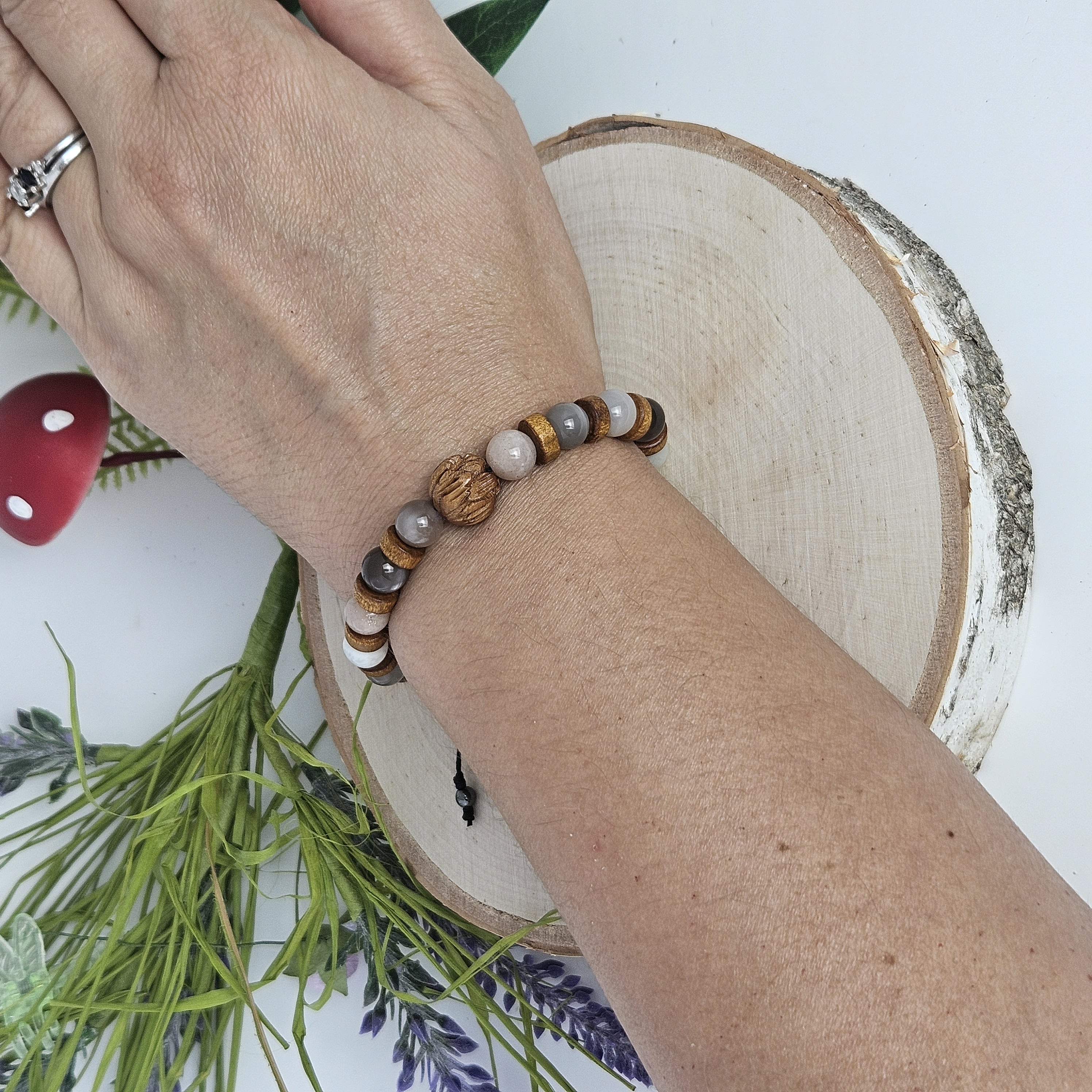 Carved Wooden Lotus and Peach Moonstone Bracelet