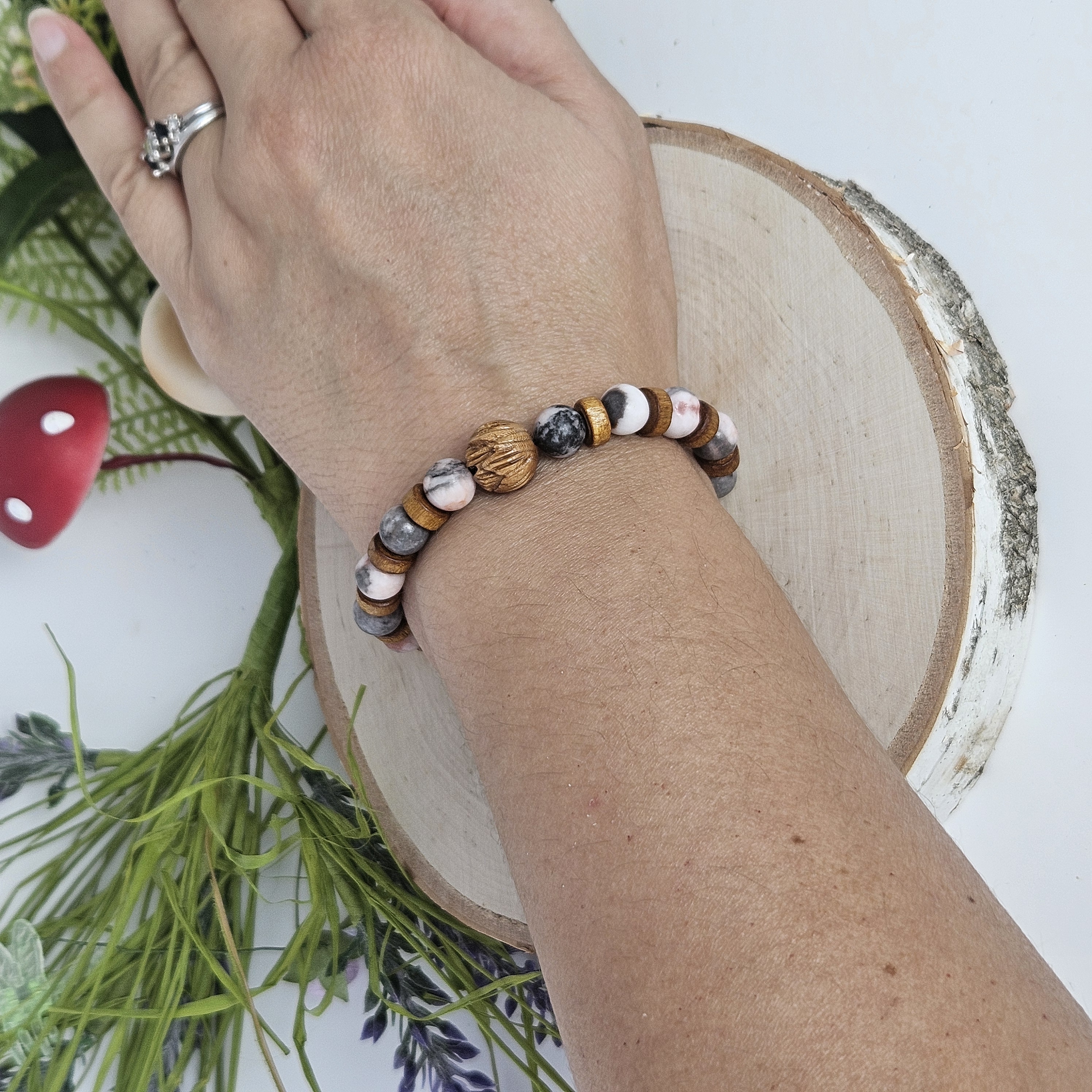 Carved Wooden Lotus Bracelet and Pink Zebra Jasper Bracelet