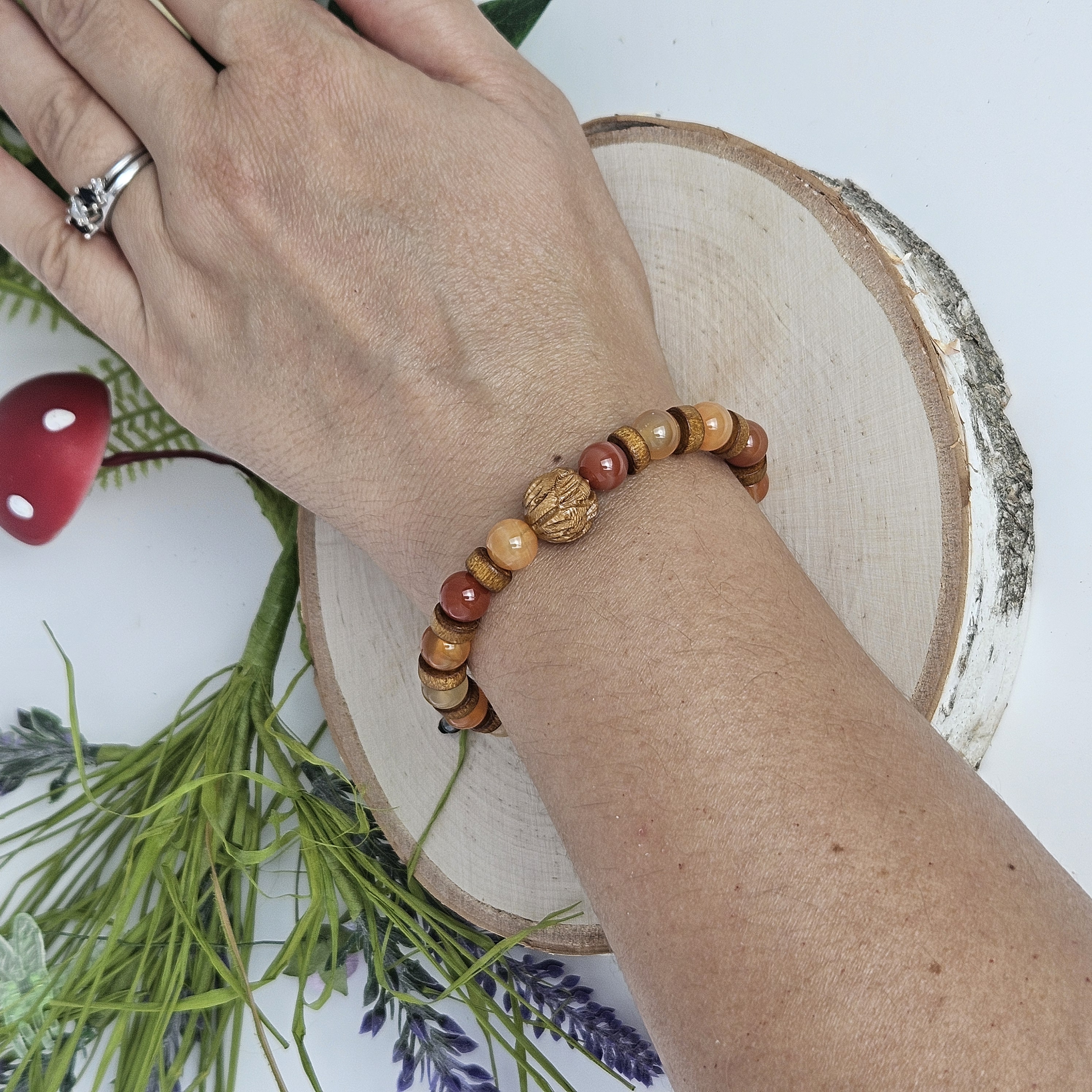 Carved Wooden Lotus and Carnelian Bracelet