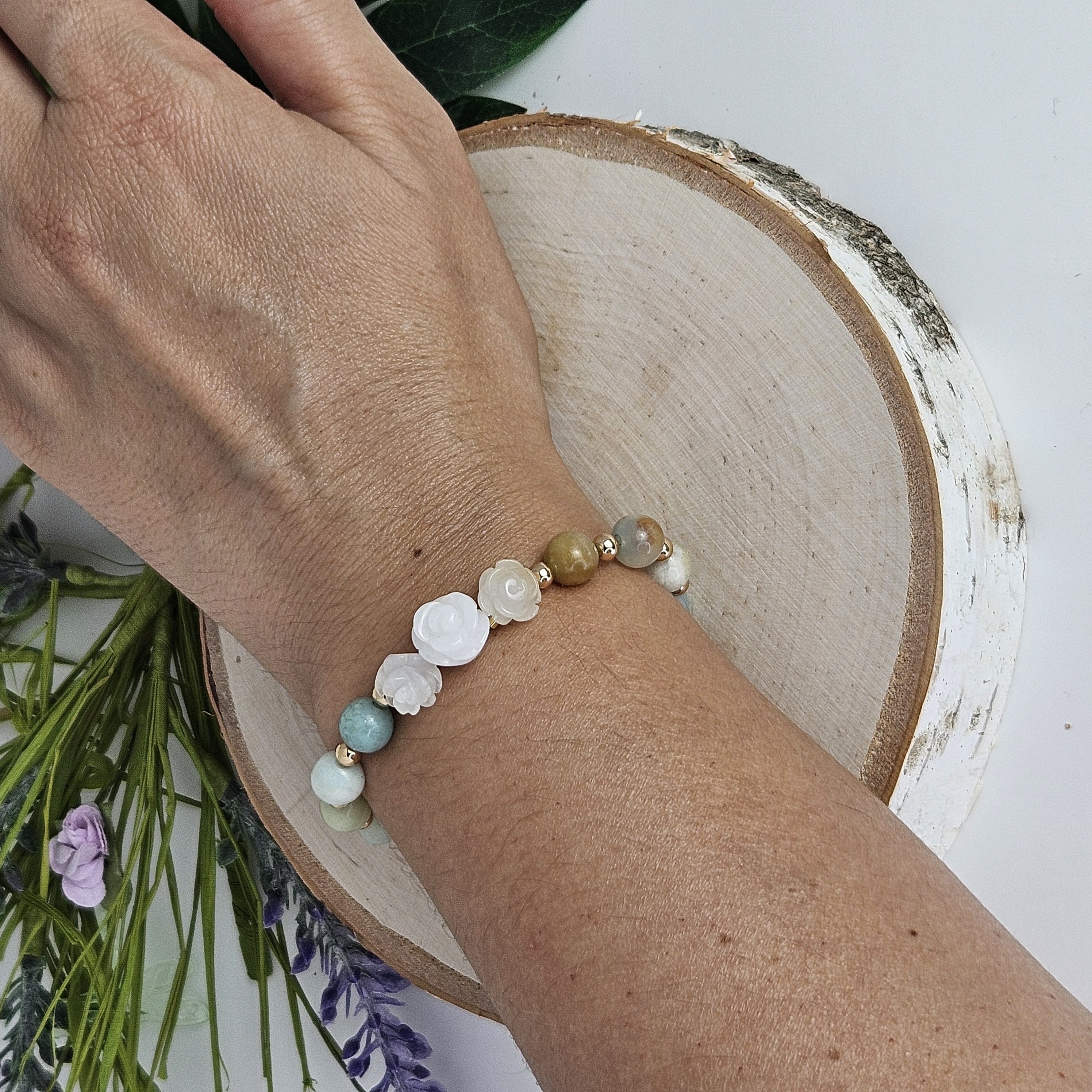 Large White Jade Rose Amazonite Bracelet