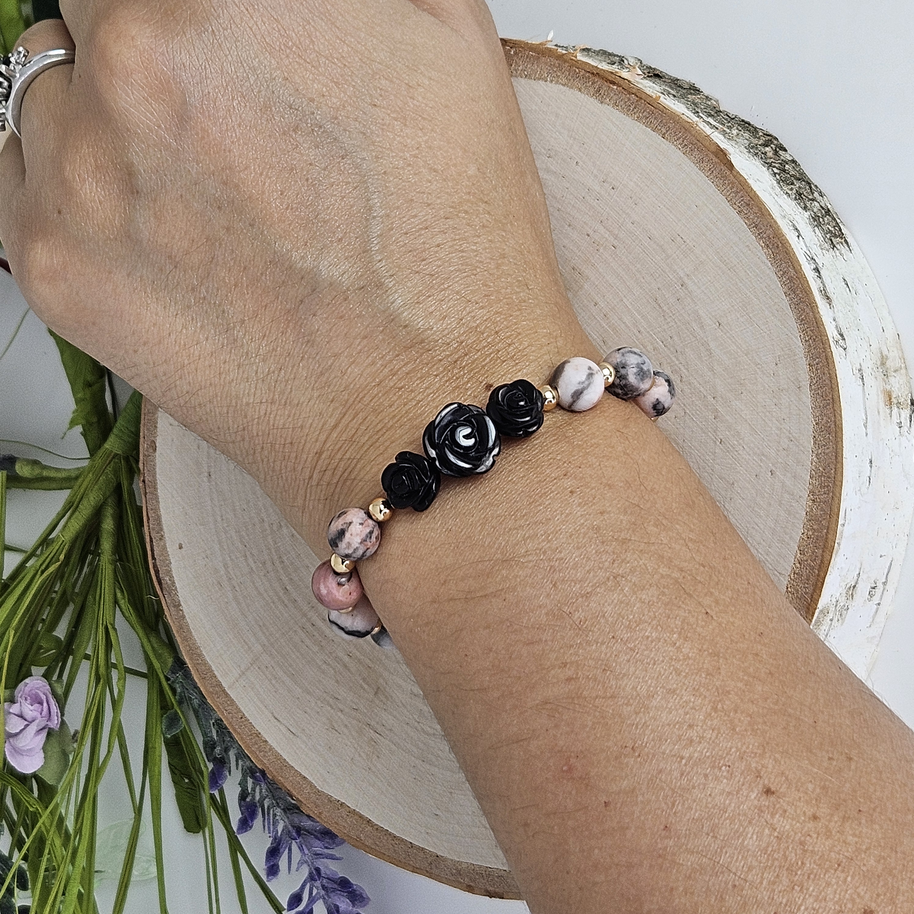 Large Black Agate Rose Pink Zebra Jasper