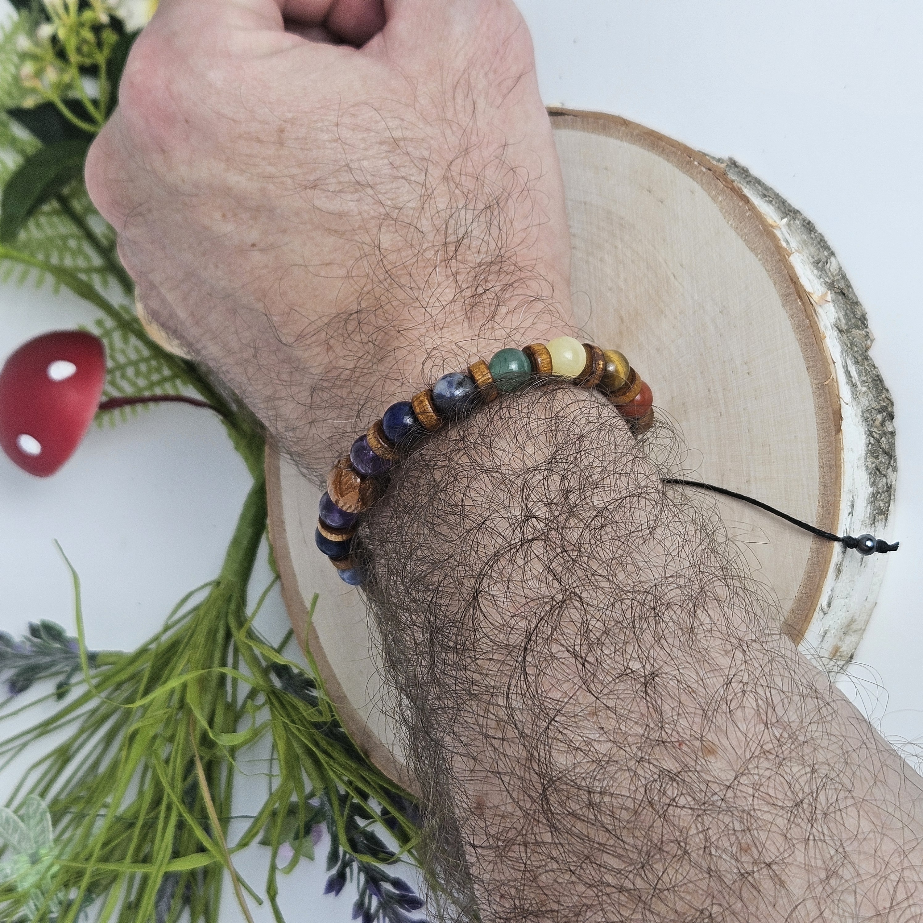 Carved Wooden Lotus and Chakra Bracelet