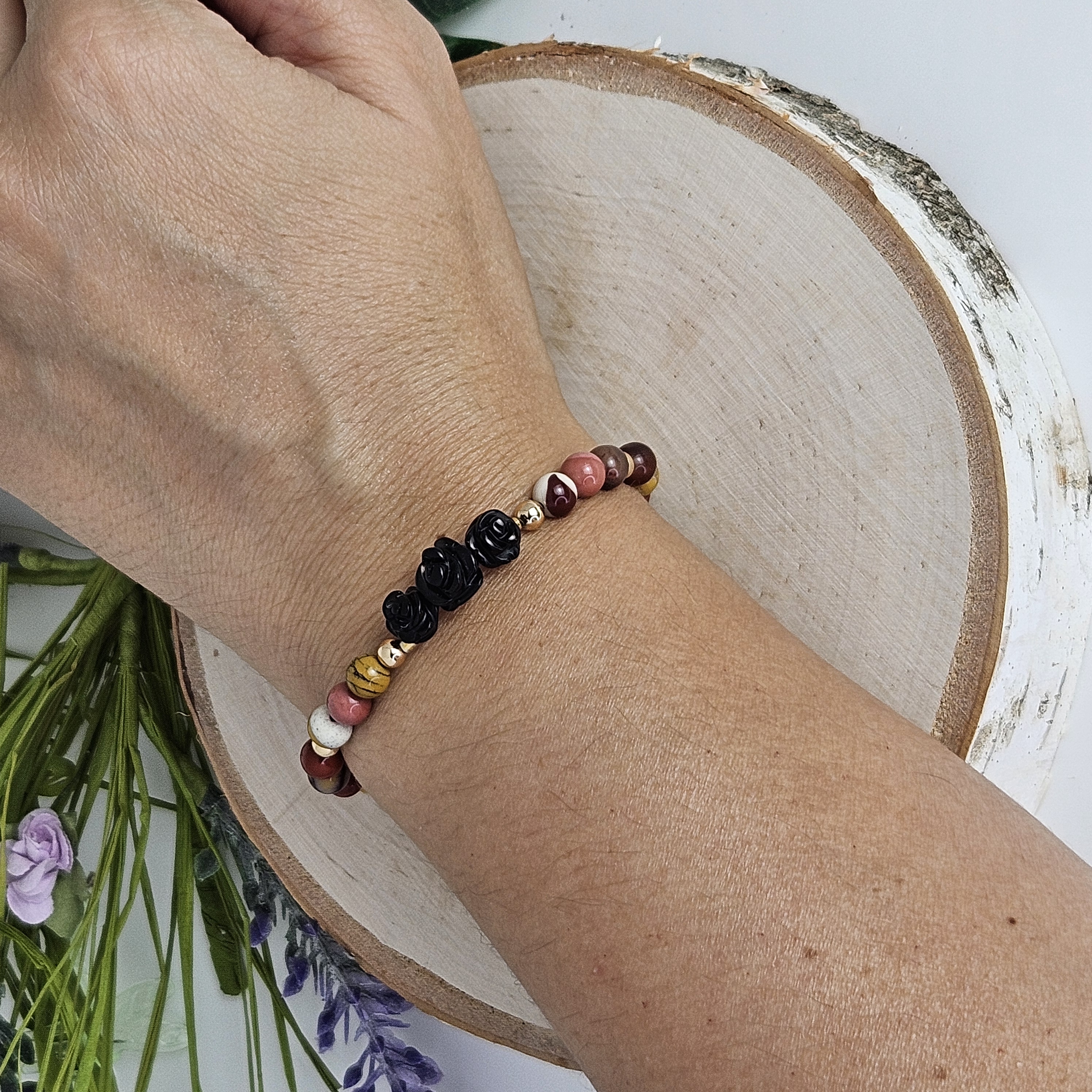 Small Black Agate Rose Mookaite Bracelet