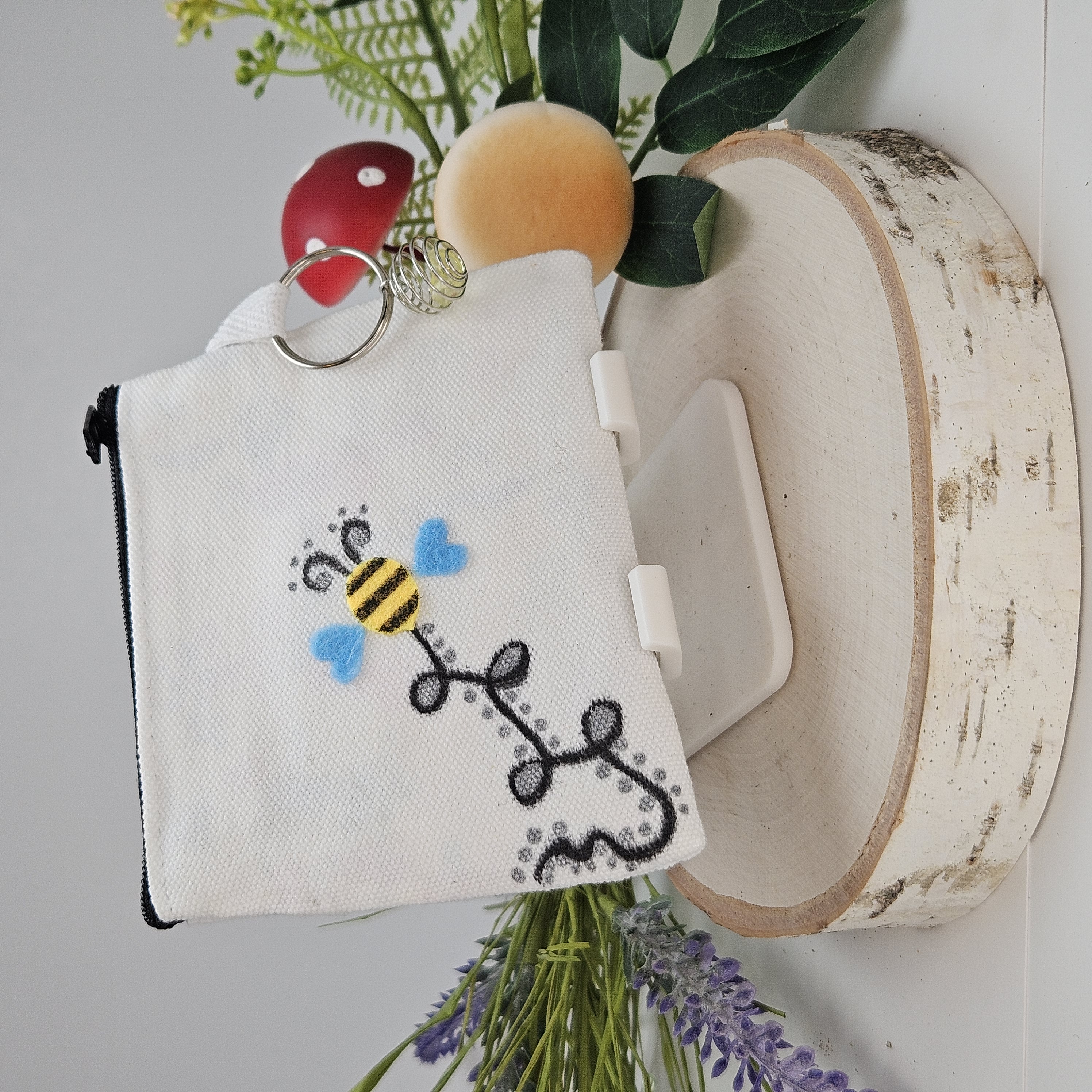 Handmade Canvas Zipper Bag – Love Design with Flowers & Bee