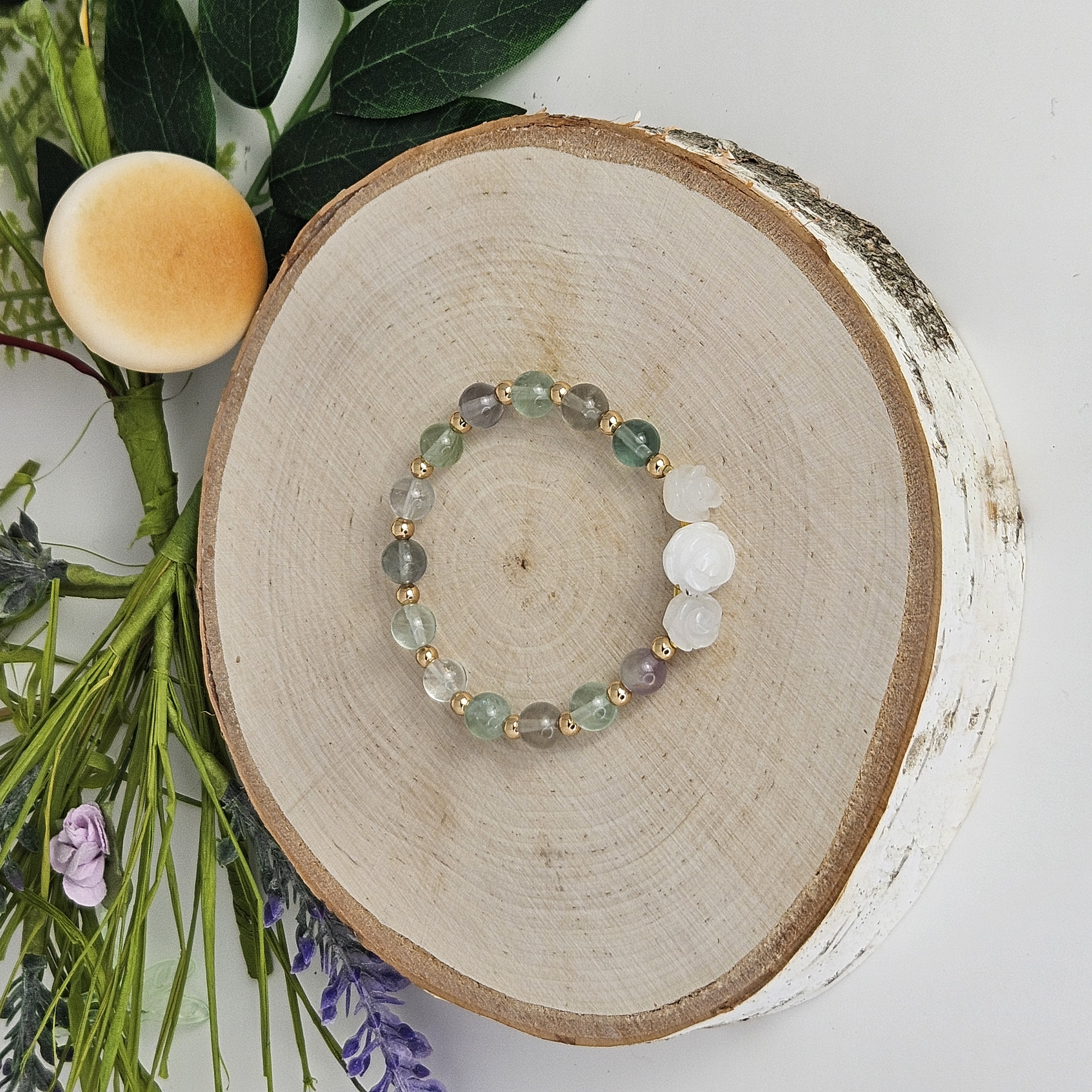 Large White Jade Rose Fluorite Bracelet