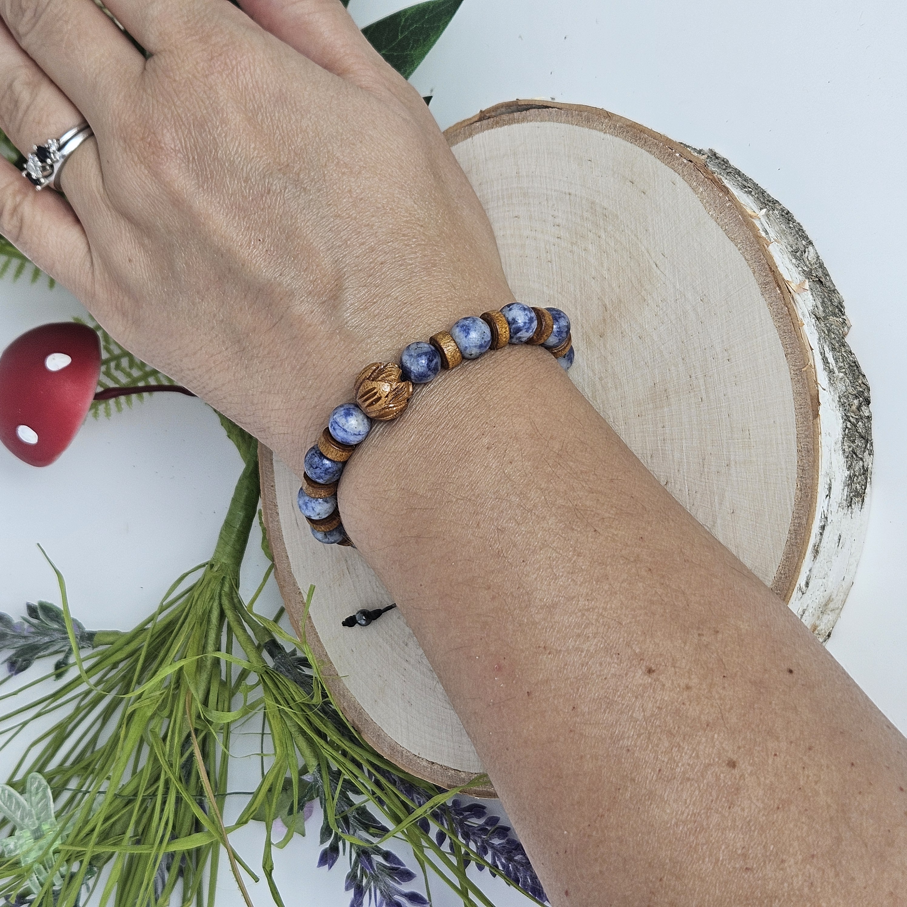 Carved Wooden Lotus and Blue Dot Jasper Bracelet