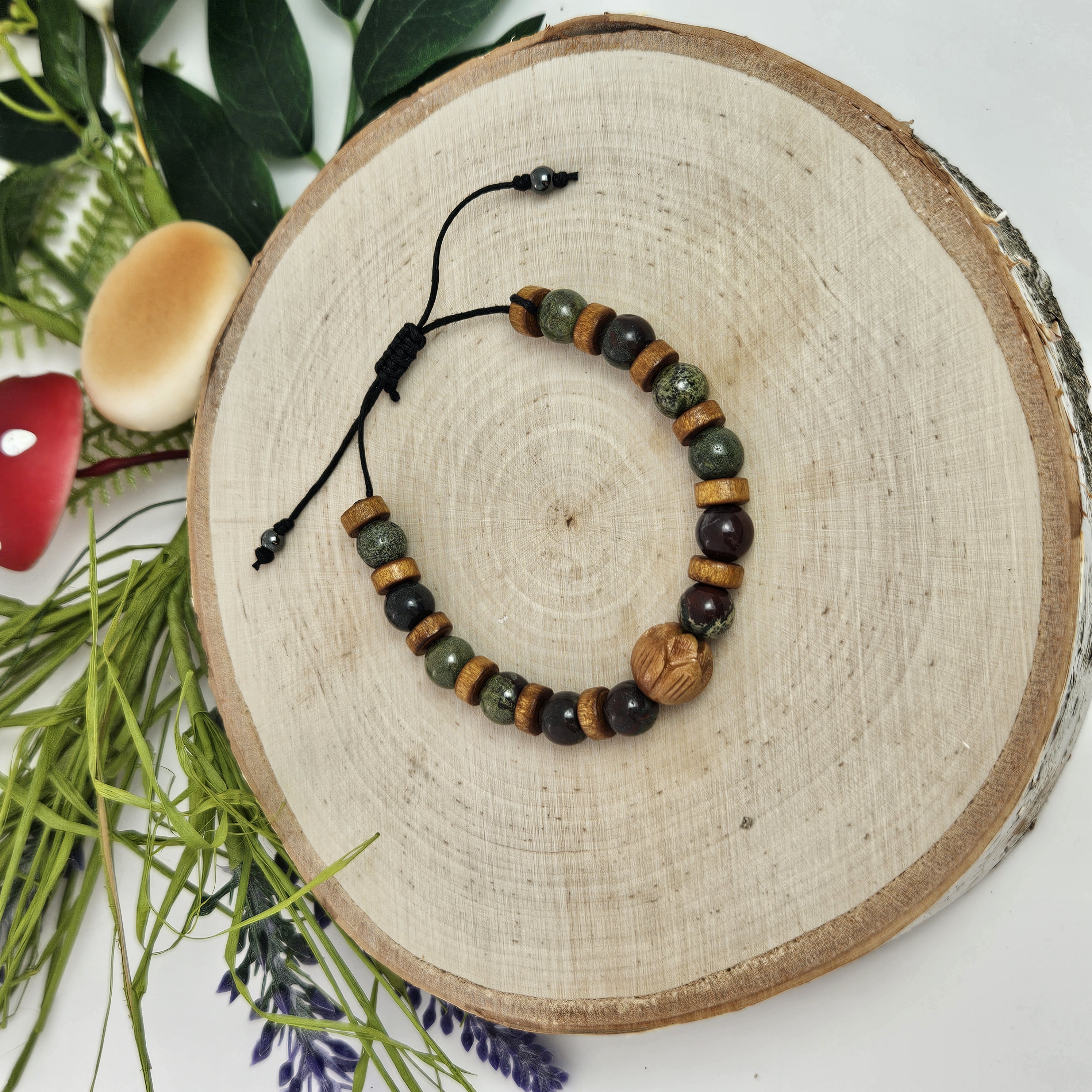 Carved Wooden Lotus and Dragon's Blood Bracelet