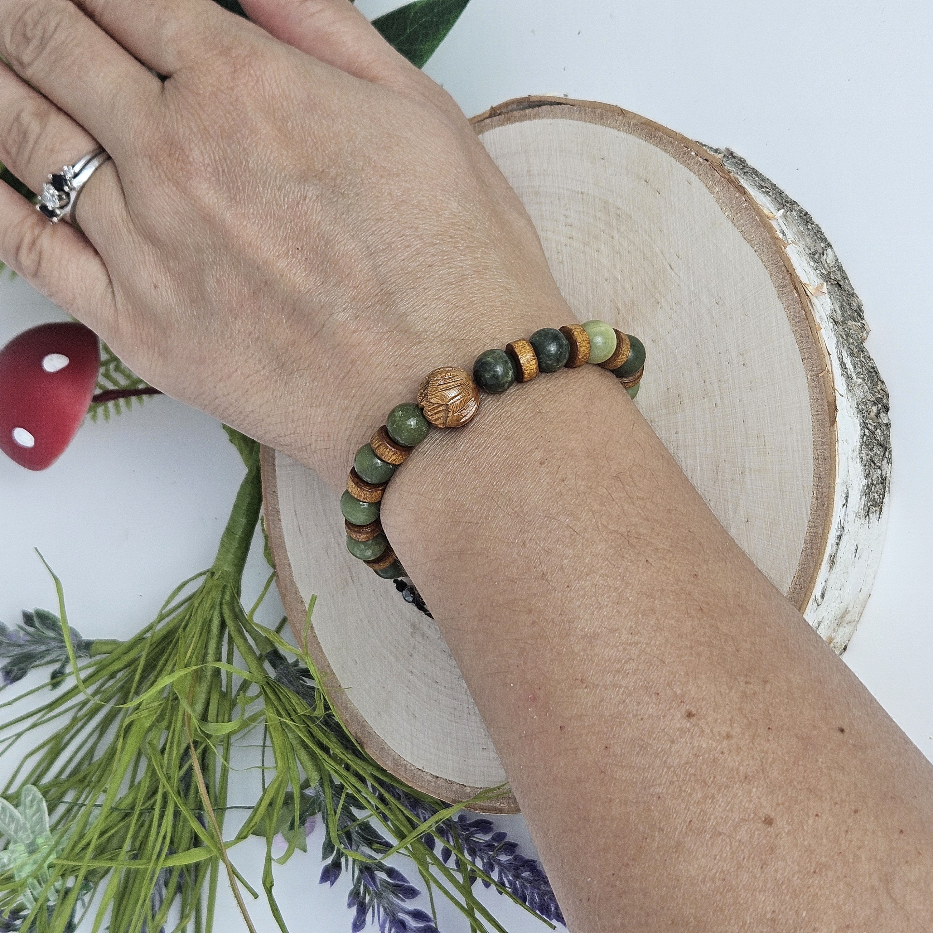 Carved Wooden Lotus and Canadian Green Jade Bracelet