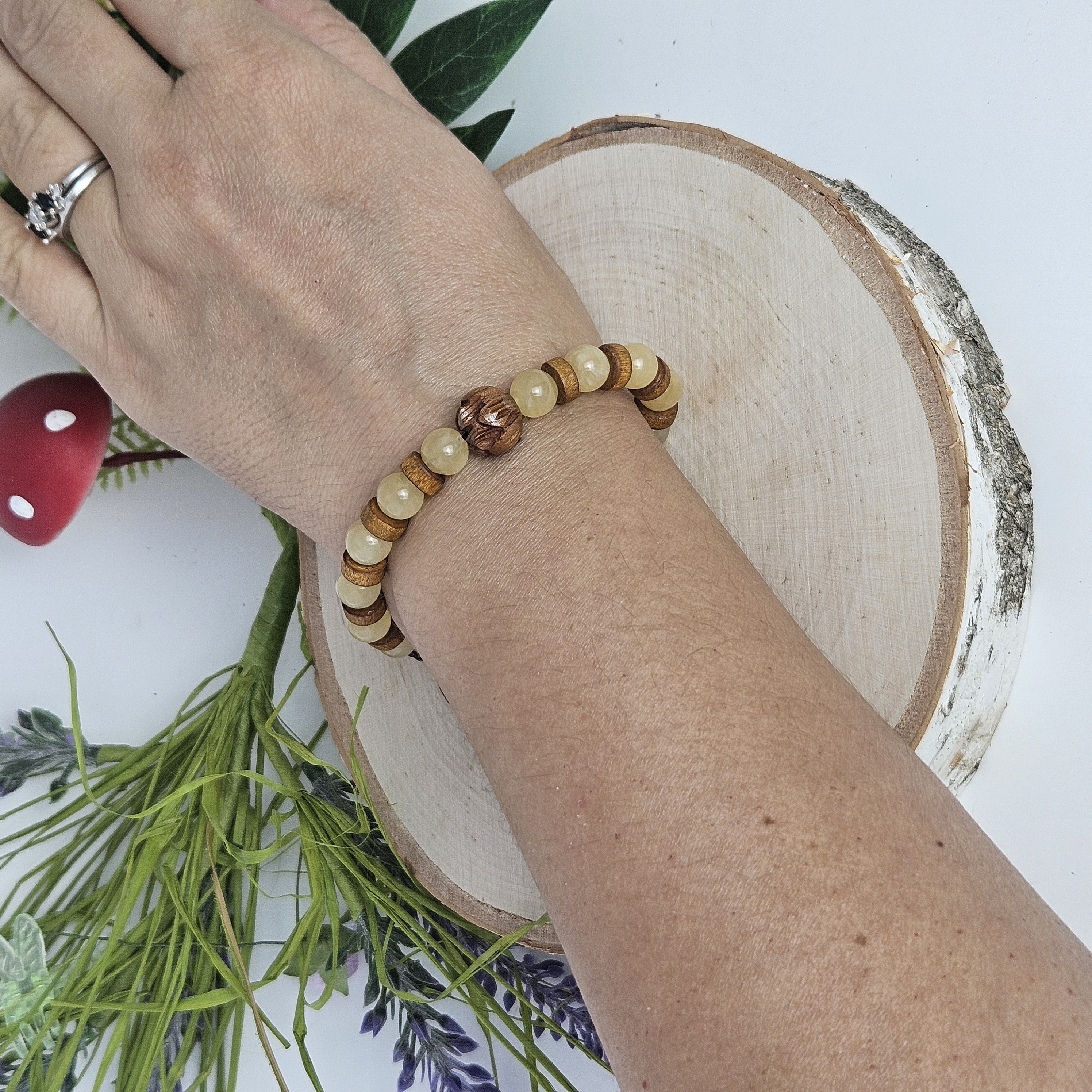 Carved Wooden Lotus and Yellow Jade Bracelet