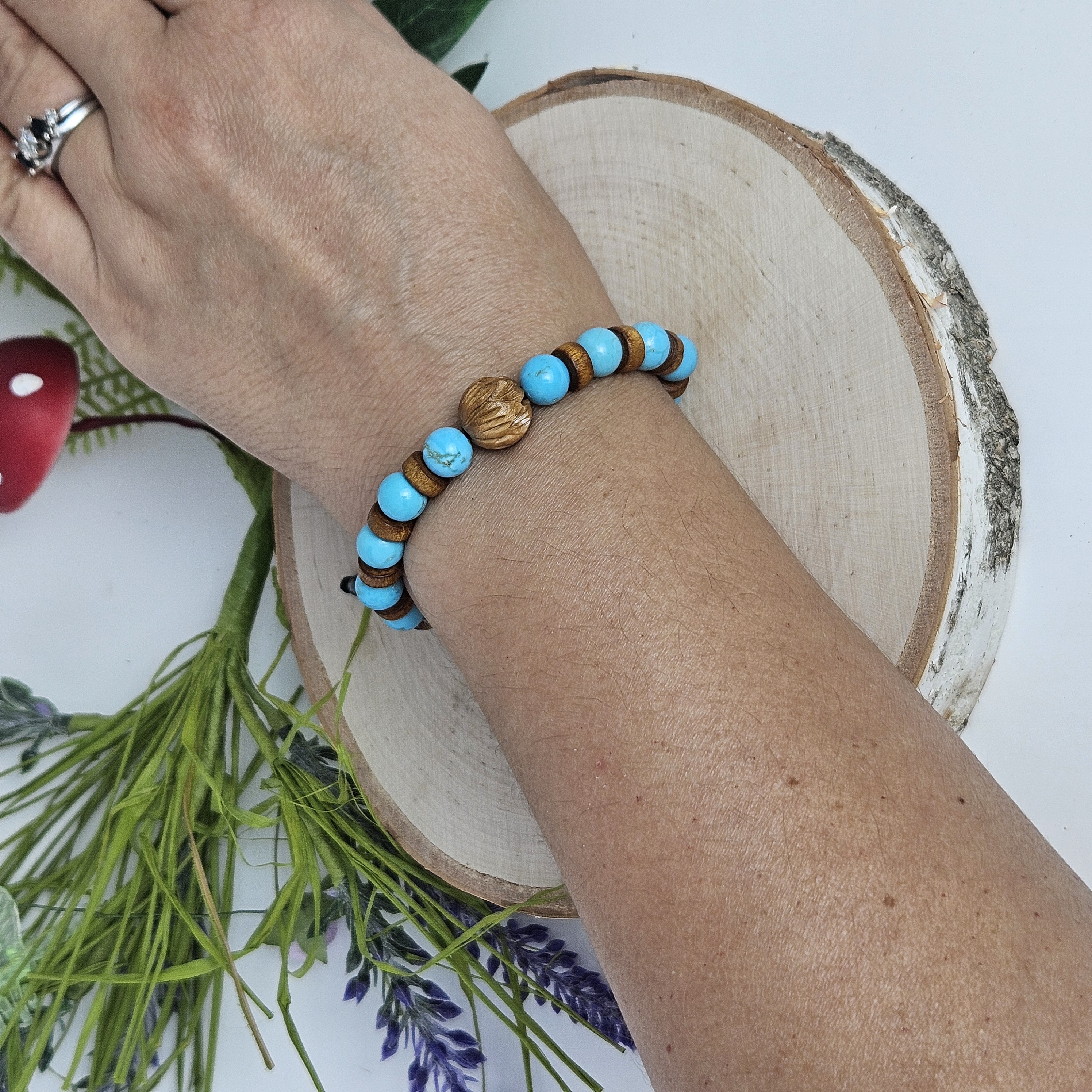 Carved Wooden Lotus and Blue Turquoise Bracelet