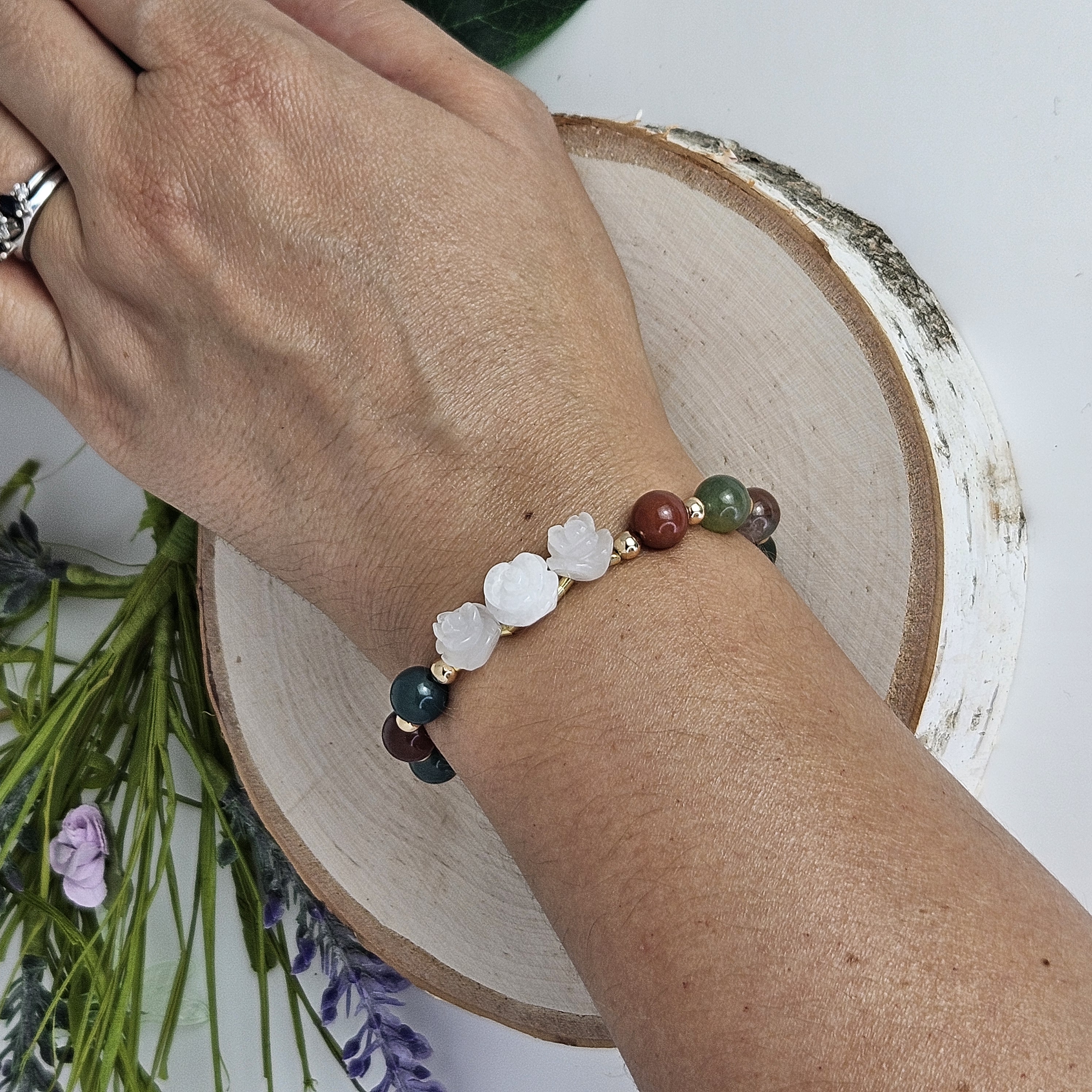 Large White Rose Jade Indian Agate Bracelet