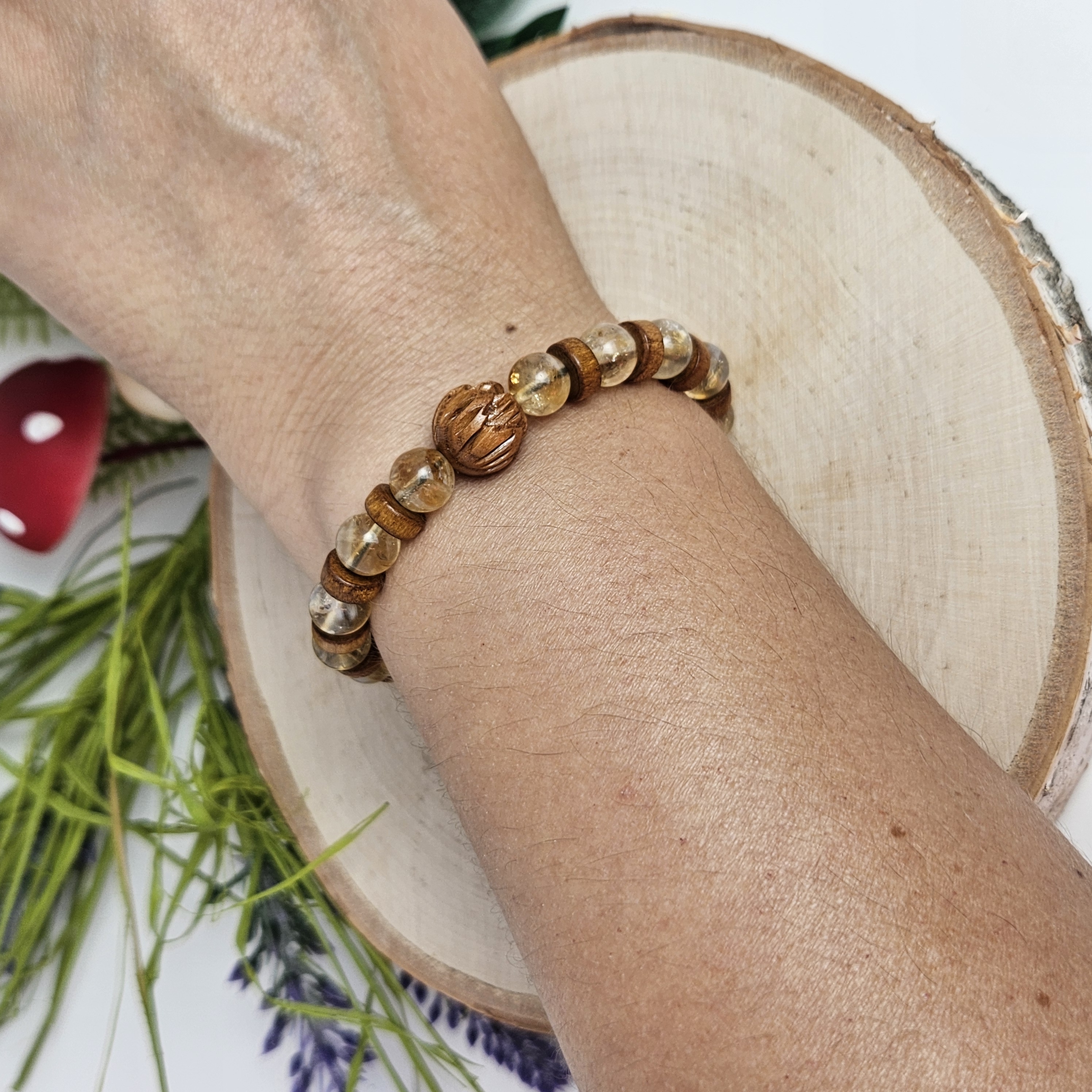 Carved Wooden Lotus and Natural Citrine Bracelet