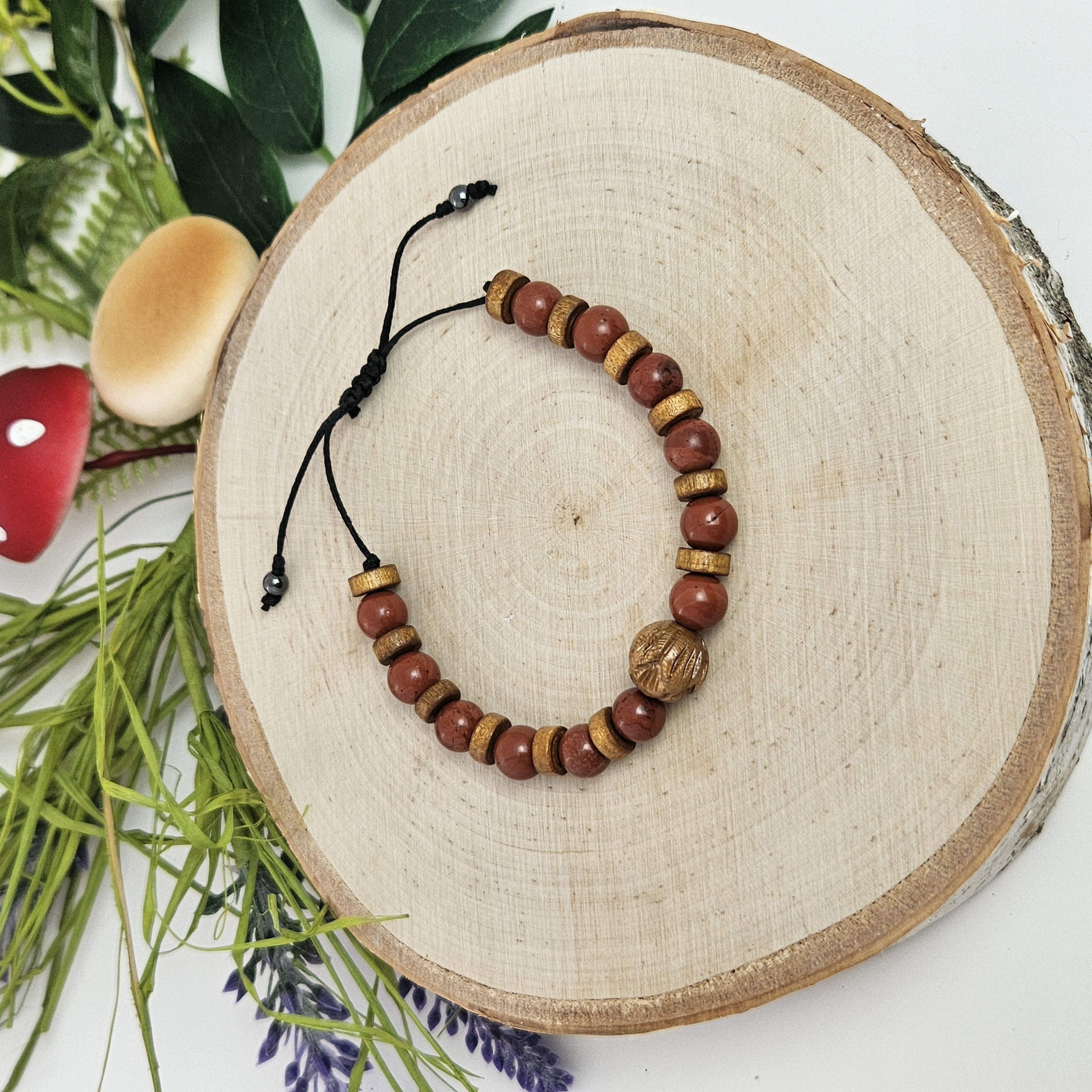 Carved Wooden Lotus and Red Jasper Bracelet