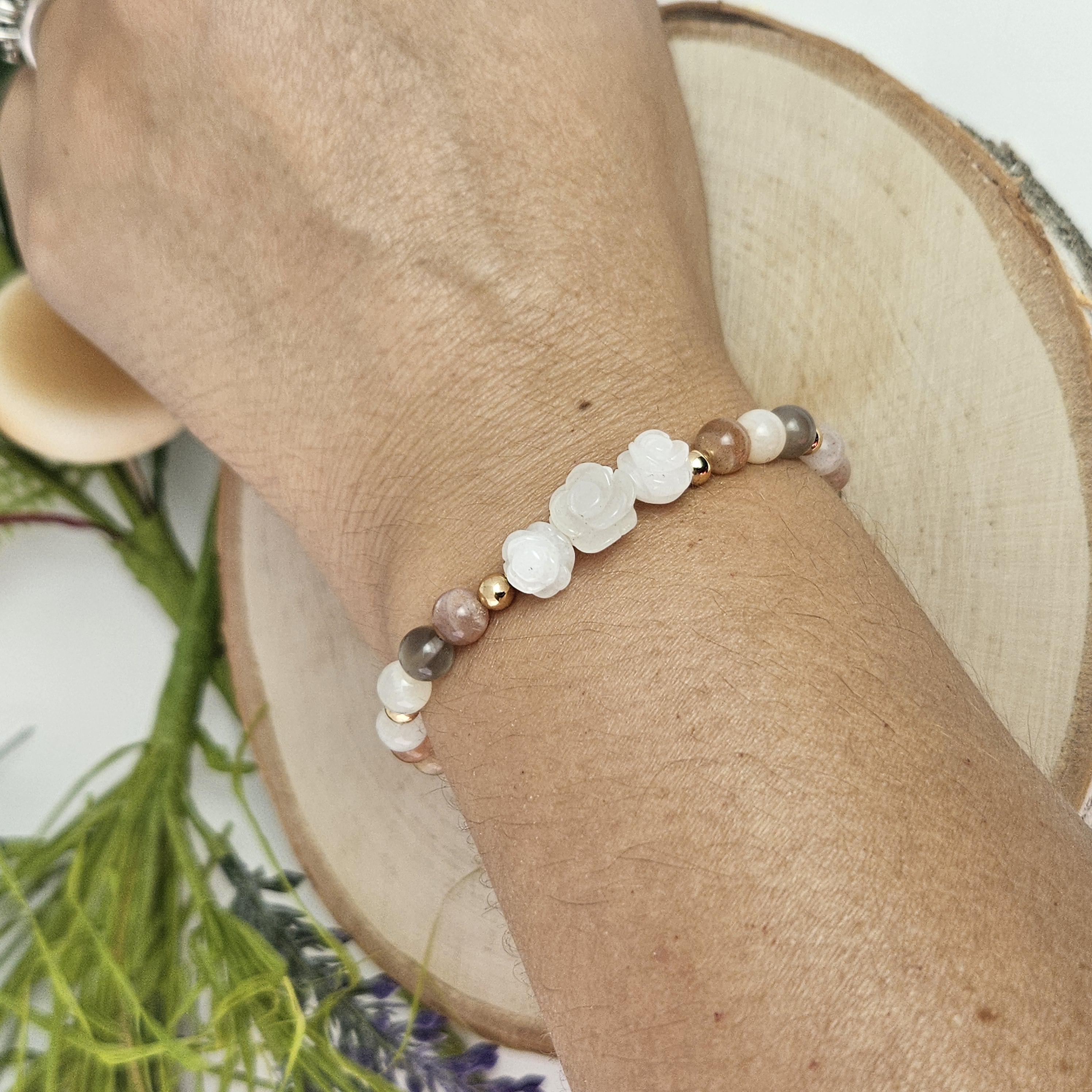 Small White Jade Rose Peach Moonstone Bracelet
