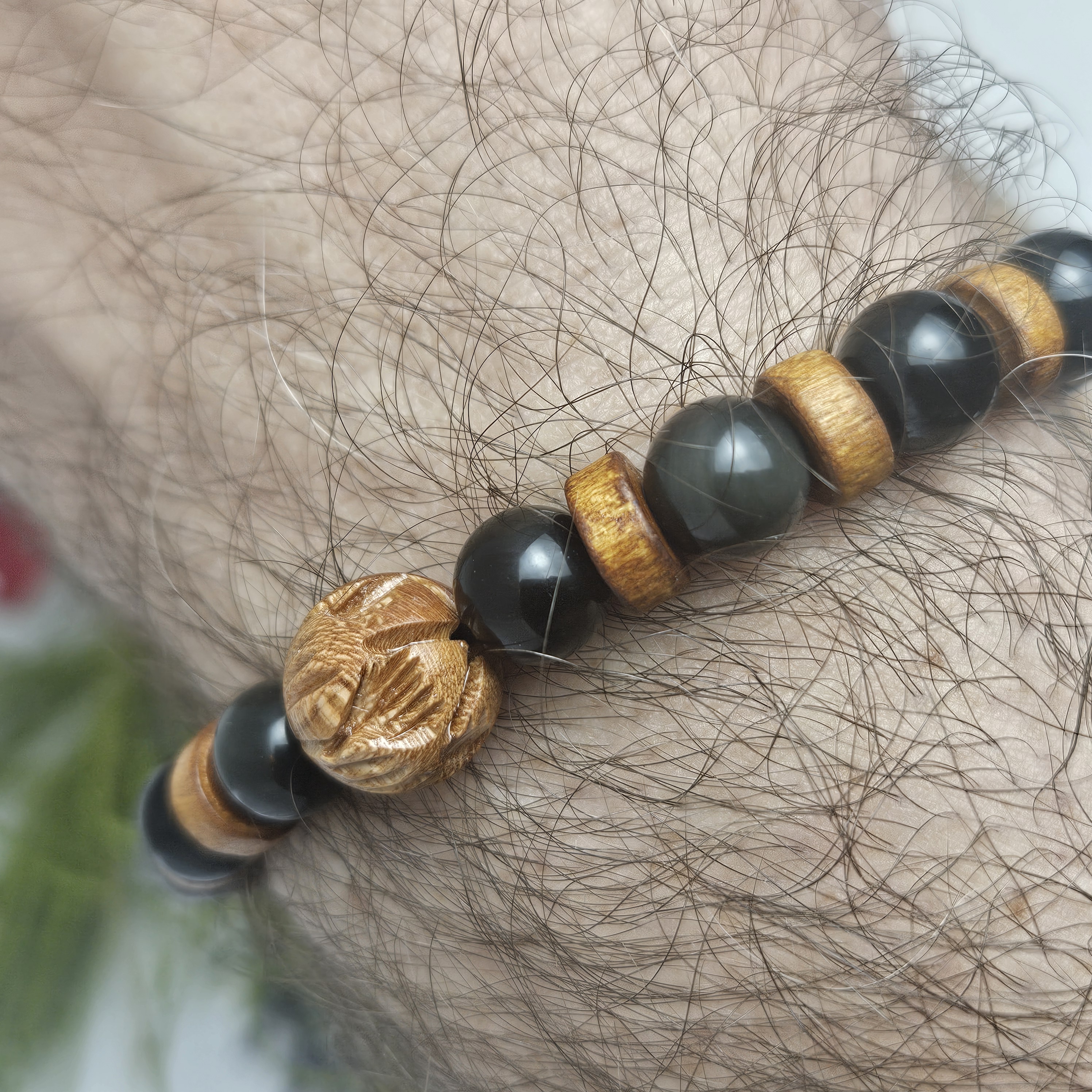 Carved Wooden Lotus Rainbow Black Obsidian Bracelet