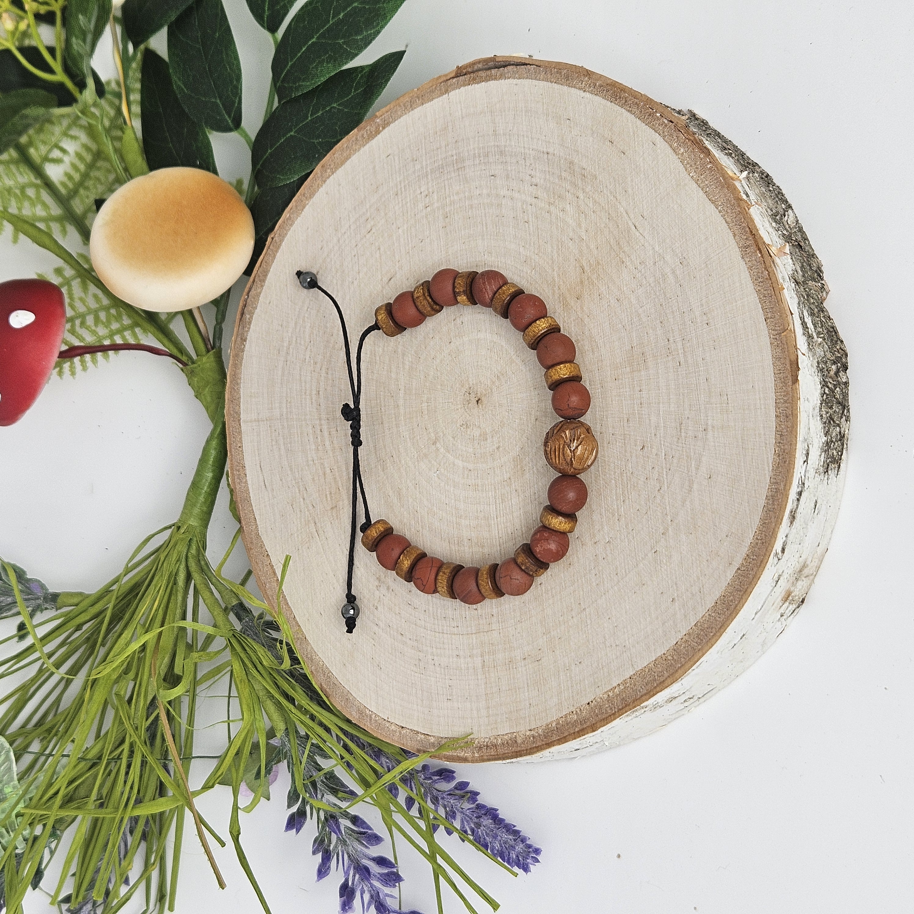 Carved Wooden Lotus and Matte Red Leopard Jasper Bracelet